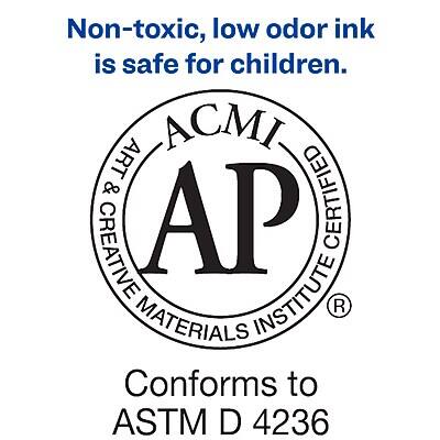 Non-toxic, low odor ink is safe for children.

ACMI ART & CREATIVE MATERIALS INSTITUTE AP CERTIFIED

Conforms to ASTM D 4236