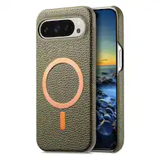 Front. Dteck - Lychee Texture Case for Google Pixel 10 Pro, Premium PU Leather Magnetic Shockproof Hard PC Cover with Raised Edges - Midnightgreen.