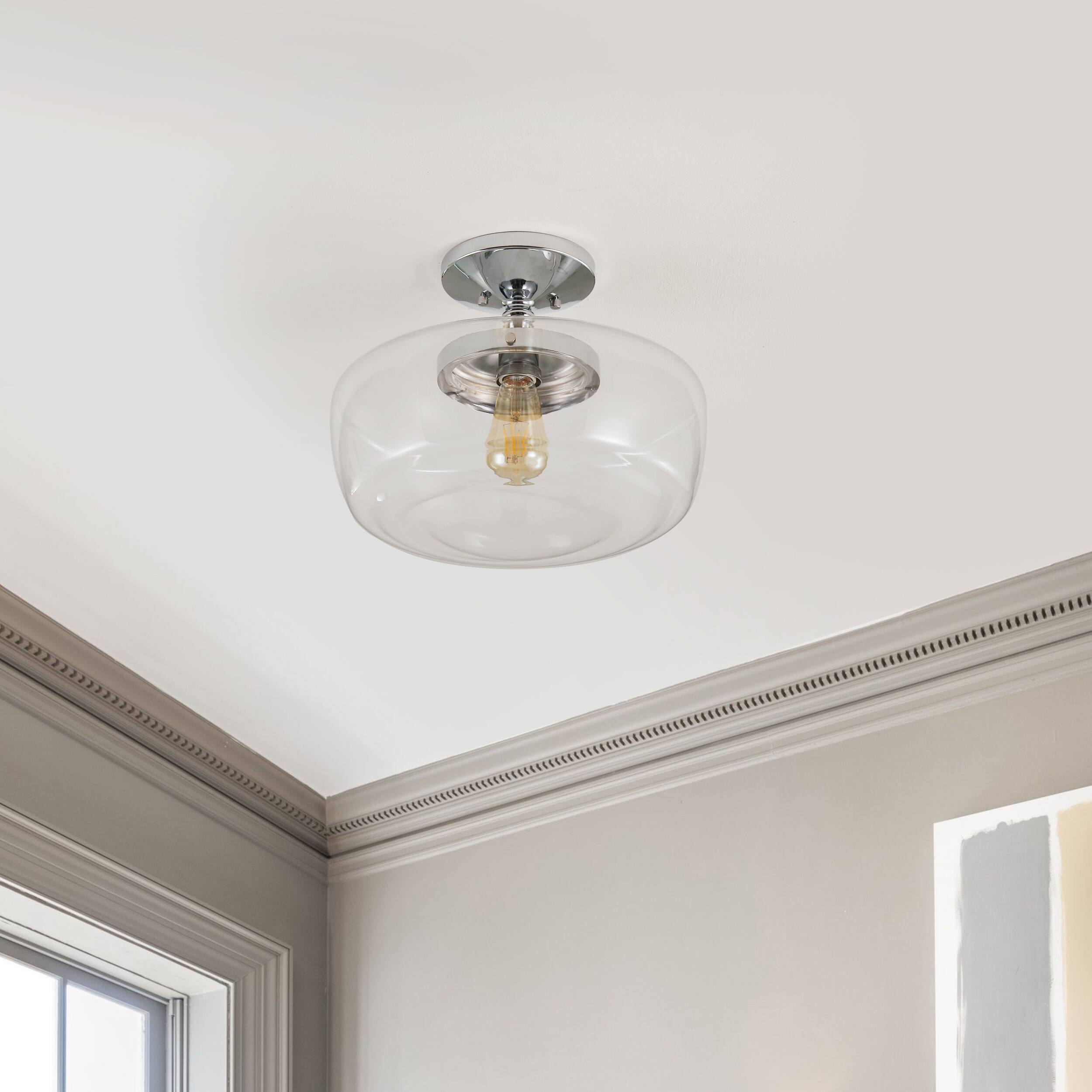 Alt View 5. Jonathan Y - Marfa 14" 1-Light Modern Farmhouse Schoolhouse Frosted Glass/Metal LED Semi Flush Mount, Chrome - Chrome.