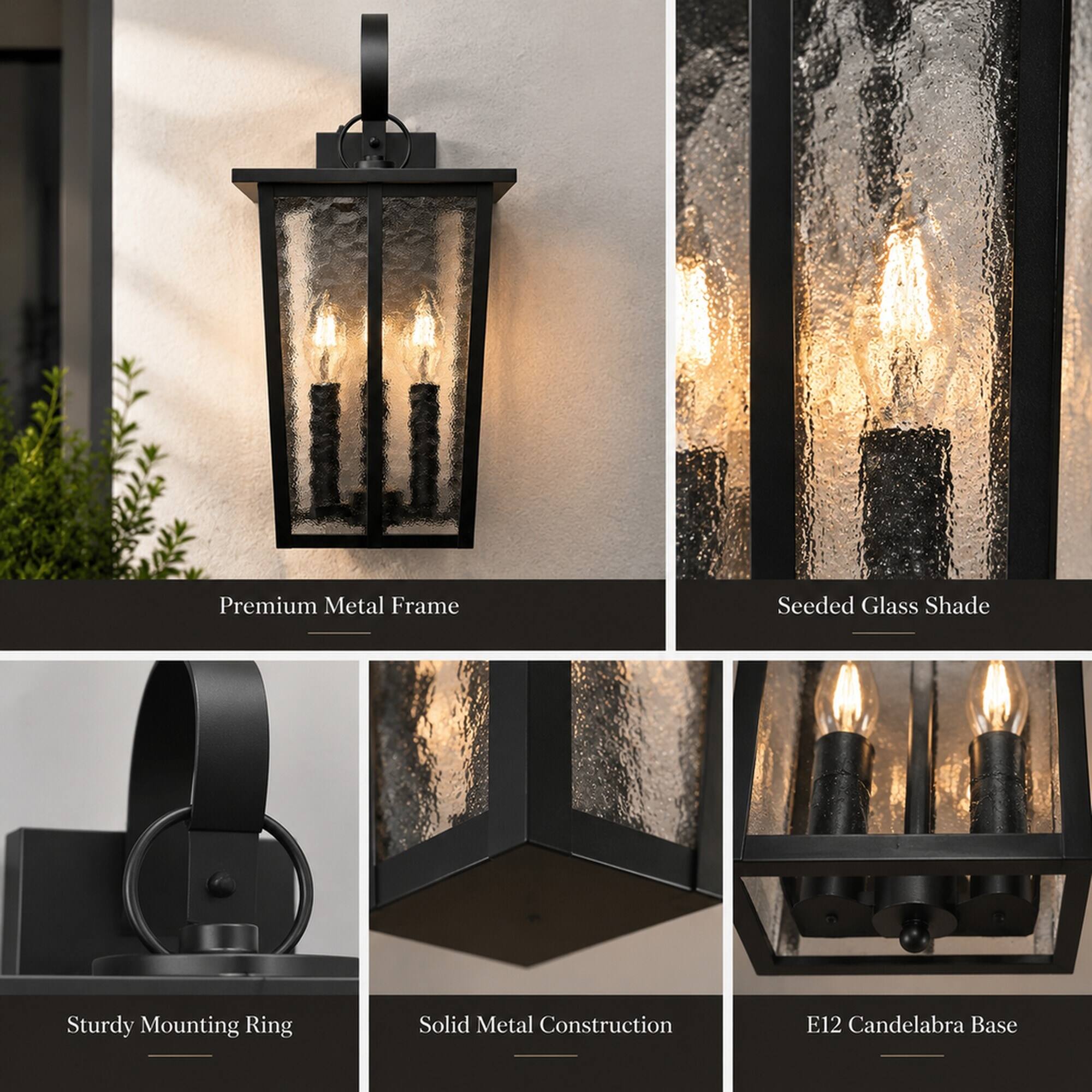 Premium Metal Frame  
Seeded Glass Shade  
Sturdy Mounting Ring  
Solid Metal Construction  
E12 Candelabra Base