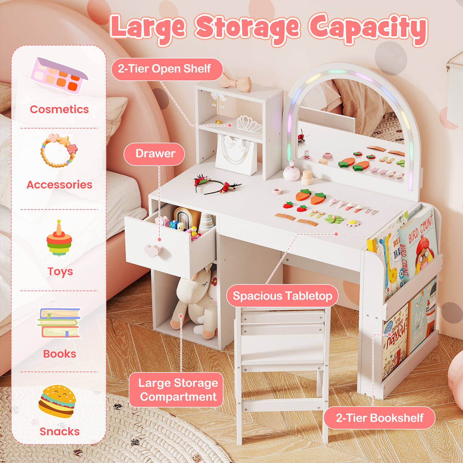 Large Storage Capacity

- 2-Tier Open Shelf
- Cosmetics
- Accessories
- Toys
- Books
- Snacks
- Spacious Tabletop
- Large Storage Compartment
- 2-Tier Bookshelf
- Drawer