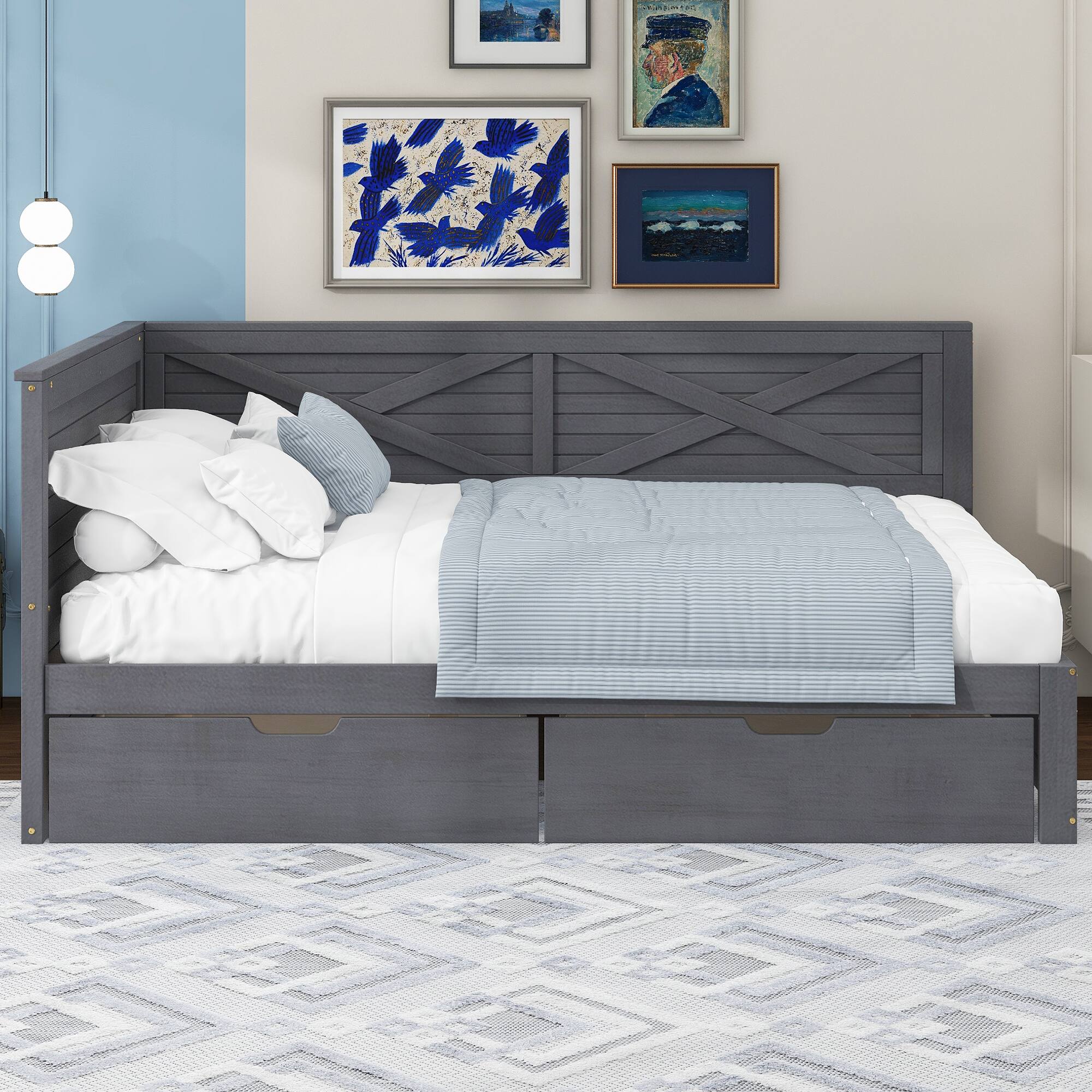 Left. Tiramisubest - Twin Size Wood Daybed with 2 Drawers and Rustic Guardrail, Ancient Grey - Grey.