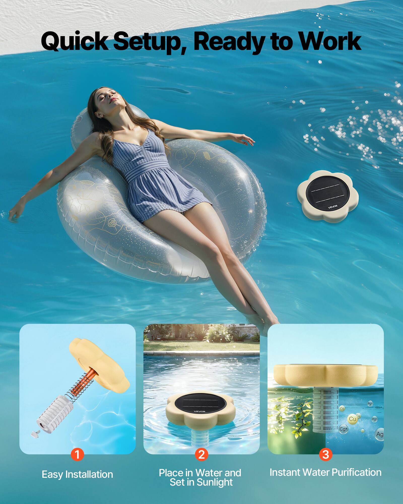 Quick Setup, Ready to Work

1. Easy Installation
2. Place in Water and Set in Sunlight
3. Instant Water Purification