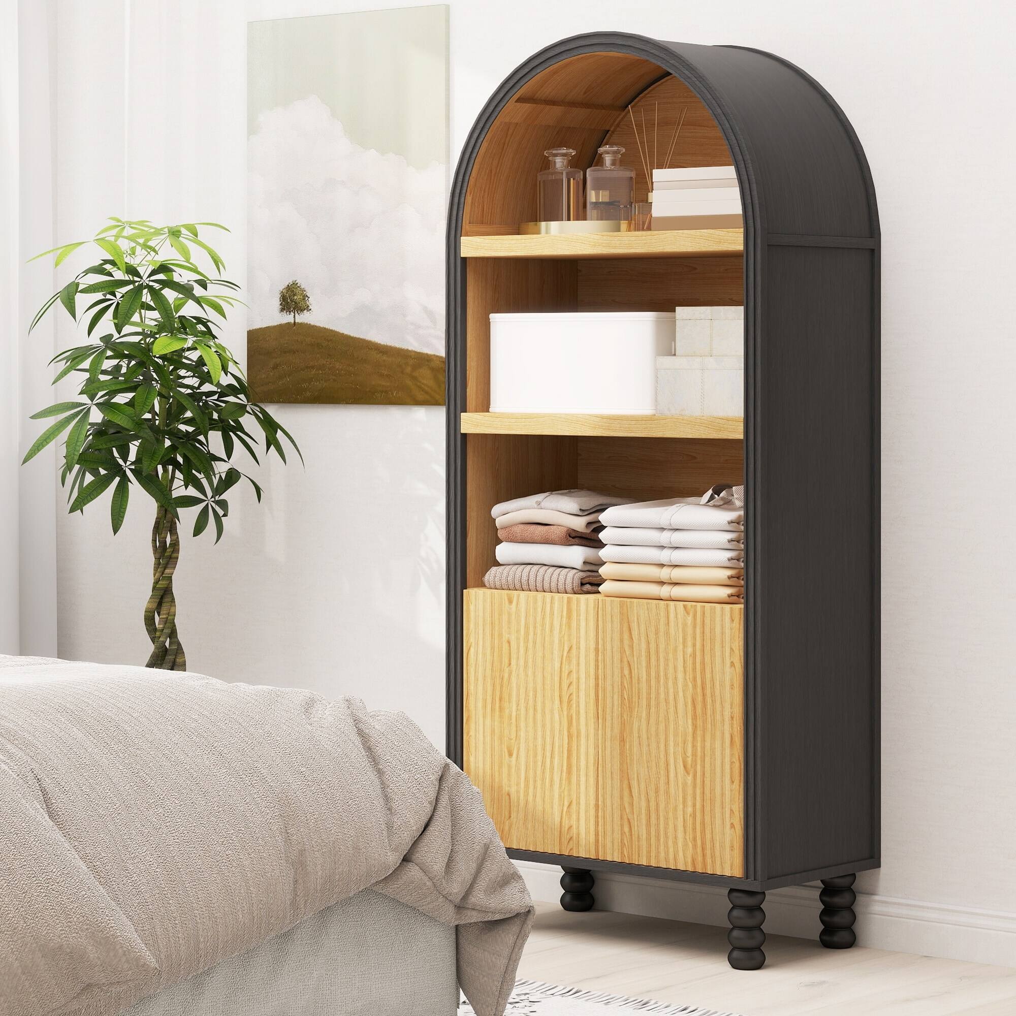 Alt View 4. U-HOMY - Modern 5-Tier Arched Bookcase with Doors and Shelves, Grooved Storage Cabinet for Living Room or Home Office - Black and Wood.