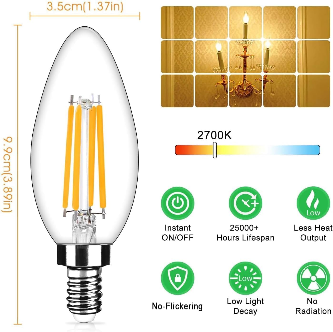 - 3.5cm (1.37in)
- 9.9cm (3.89in)
- 2700K
- Instant ON/OFF
- 25000+ Hours Lifespan
- Less Heat Output
- No-Flickering
- Low Light Decay
- No Radiation