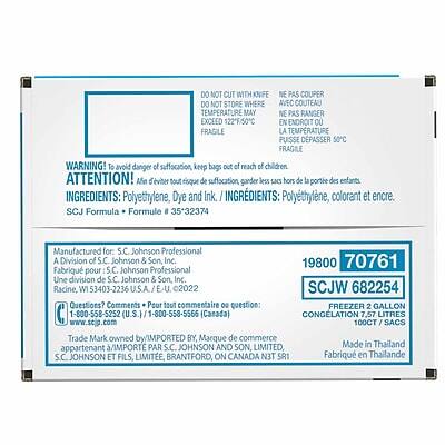 DO NOT CUT WITH KNIFE  
NE PAS COUPER AVEC COUTEAU  

DO NOT STORE WHERE TEMPERATURE MAY EXCEED 122°F/50°C  
NE PAS RANGER EN ENDROIT OÙ LA TEMPÉRATURE PUISSE DÉPASSER 50°C  

FRAGILE  
FRAGILE  

WARNING! To avoid danger of suffocation, keep bags out of reach of children  
ATTENTION! Pour éviter tout risque de suffocation, garder les sacs hors de la portée des enfants  

INGREDIENTS: Polyethylene, Dye and Ink  
INGREDIENTS: Polyéthylène, colorant et encre  

SCJ Formula - Formule i 3532374  

Manufactured for: S.C. Johnson Professional  
A Division of S.C. Johnson & Son, Inc.  
19800 70761  
Racine, WI 53403-2236 U.S.A. / E.U.  
2022 SCJW 682254  

Questions? Comments? Pour tout commentaire ou question:  
1-800-558-5