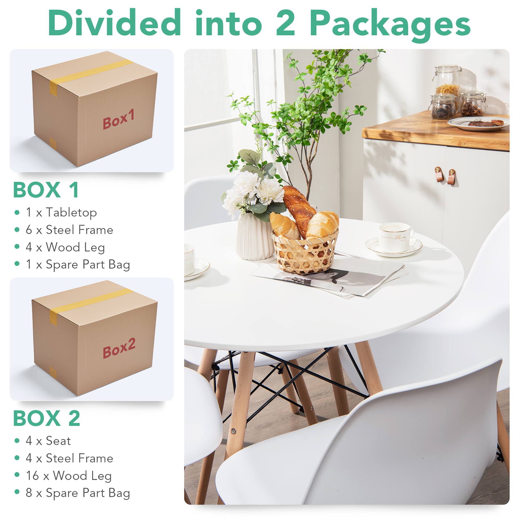Divided into 2 Packages:

Box 1:
1 x Tabletop
6 x Steel Frame
4 x Wood Leg
1 x Spare Part Bag

Box 2:
4 x Seat
4 x Steel Frame
16 x Wood Leg
8 x Spare Part Bag