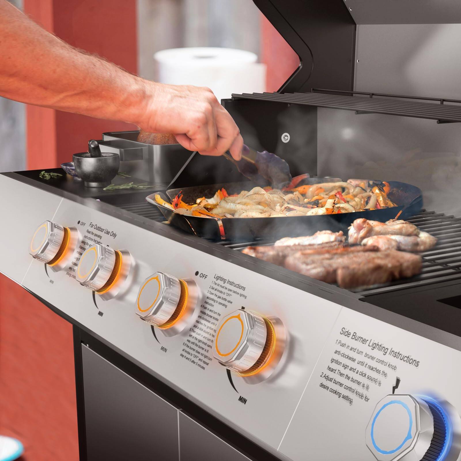 For outdoor use only  
Lighting Instructions  
1. Push and turn burner control knob clockwise until it reaches the "IGN" position.  
2. Adjust the burner control knob for desired cooking setting.  

Side Burner Lighting Instructions  
1. Push and turn burner control knob clockwise until it reaches the "IGN" position.  
2. Adjust the burner control knob for desired cooking setting.