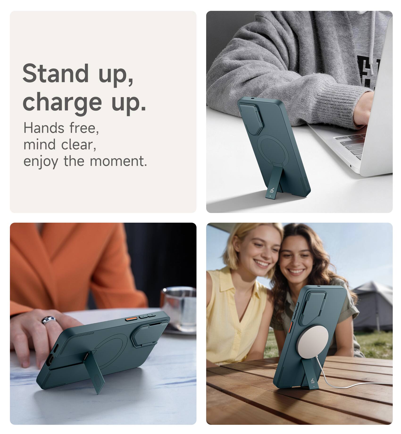 Stand up, charge up.  
Hands free, mind clear, enjoy the moment.