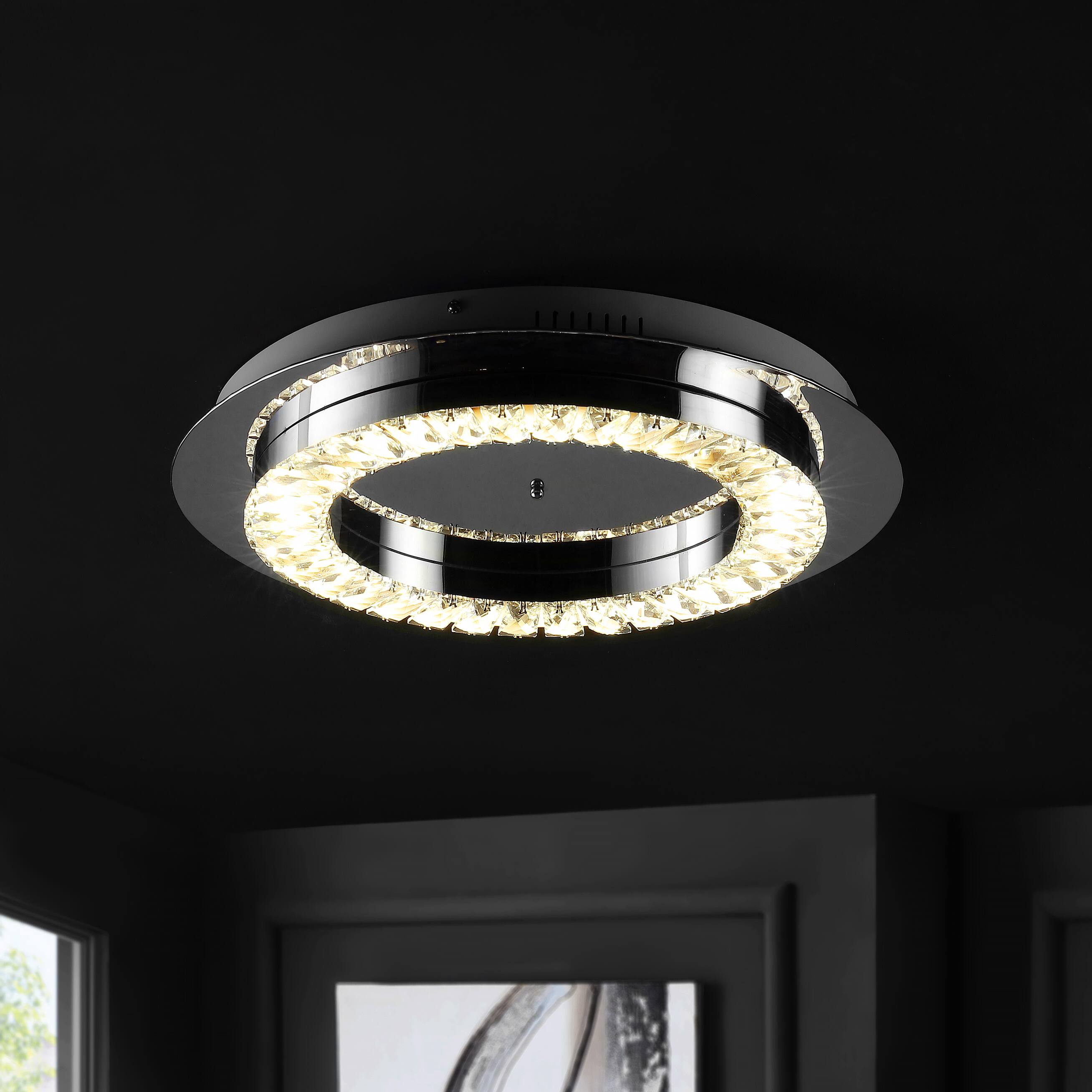Alt View 1. Jonathan Y - Cristal 18" Integrated Iron/Crystal Glam LED Flush Mount, Chrome/Clear - Chrome.