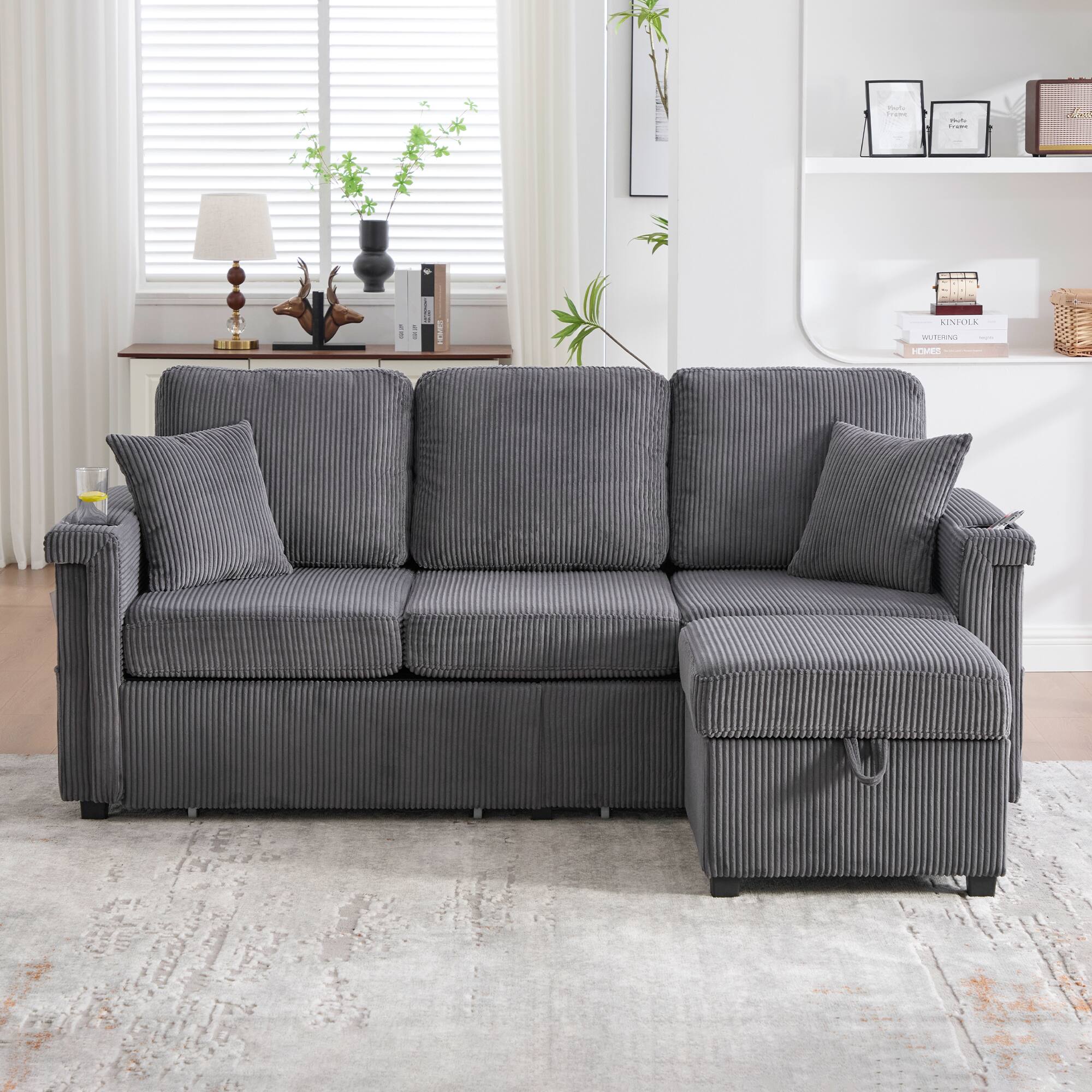Trinkets Crazed - 76" L Shaped Sectional Couches with Storage Ottoman, 3 Seater Corduroy Sofa with 2 Drawers - Dark Gray
