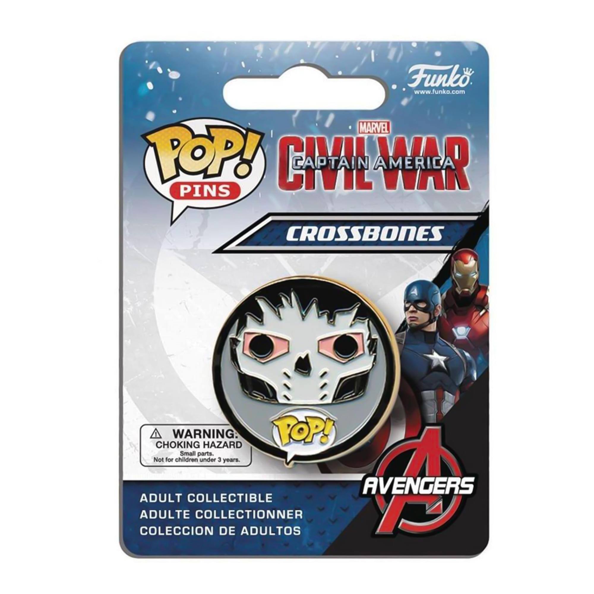 Funko  
www.funko.com

MARVEL  
CAPTAIN AMERICA  
CIVIL WAR  
CROSSBONES

POP! PINS

AVENGERS

WARNING:  
CHOKING HAZARD  
Small parts.  
Not for children under 3 years.

ADULT COLLECTIBLE  
ADULTE COLLECTIONNEUR  
COLECCIÓN DE ADULTOS
