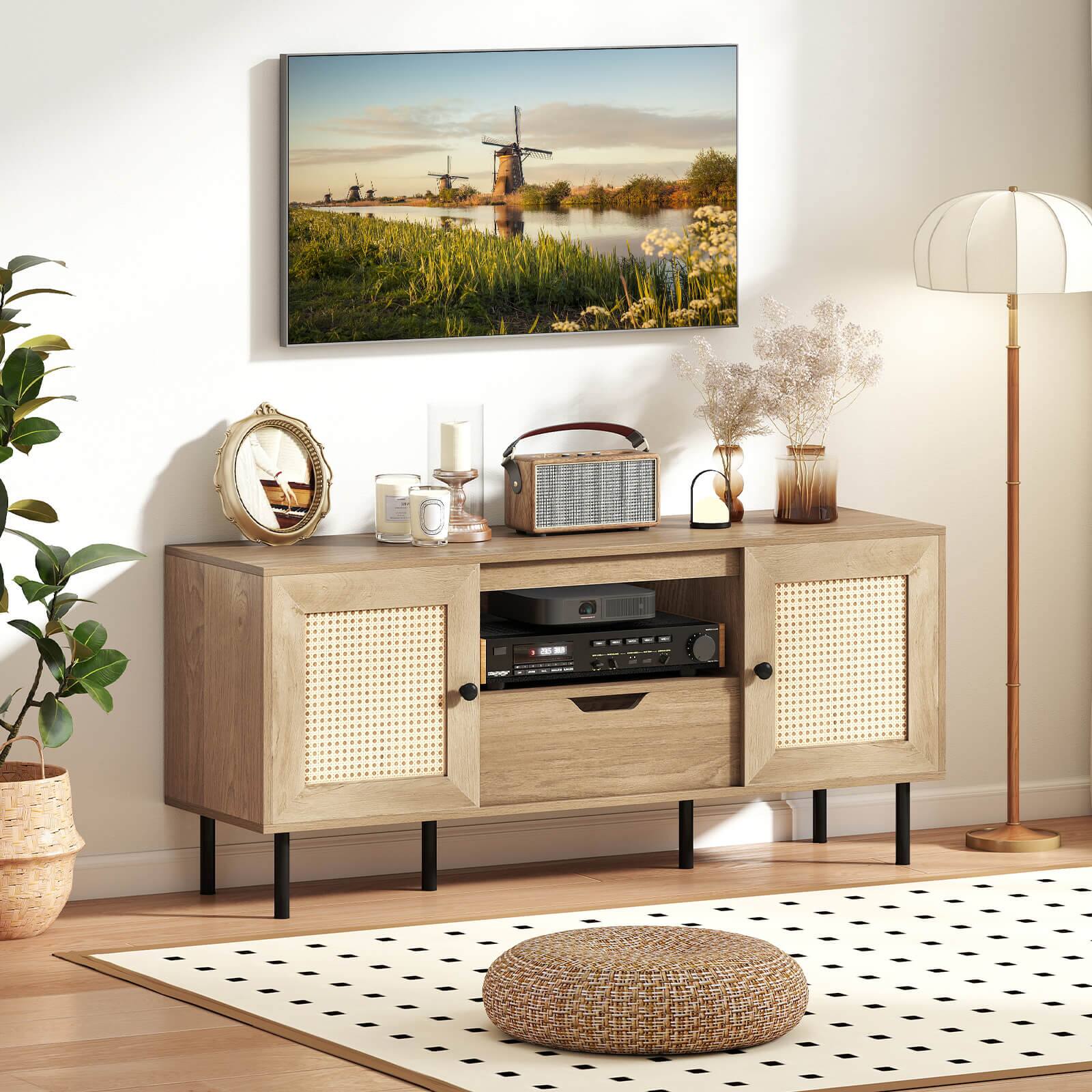 Alt View 4. Costway - Costway Boho TV Stand for 60 Inch TV with Cabinets, Storage Shelf, Drawer, PE Rattan Doors - Natural.