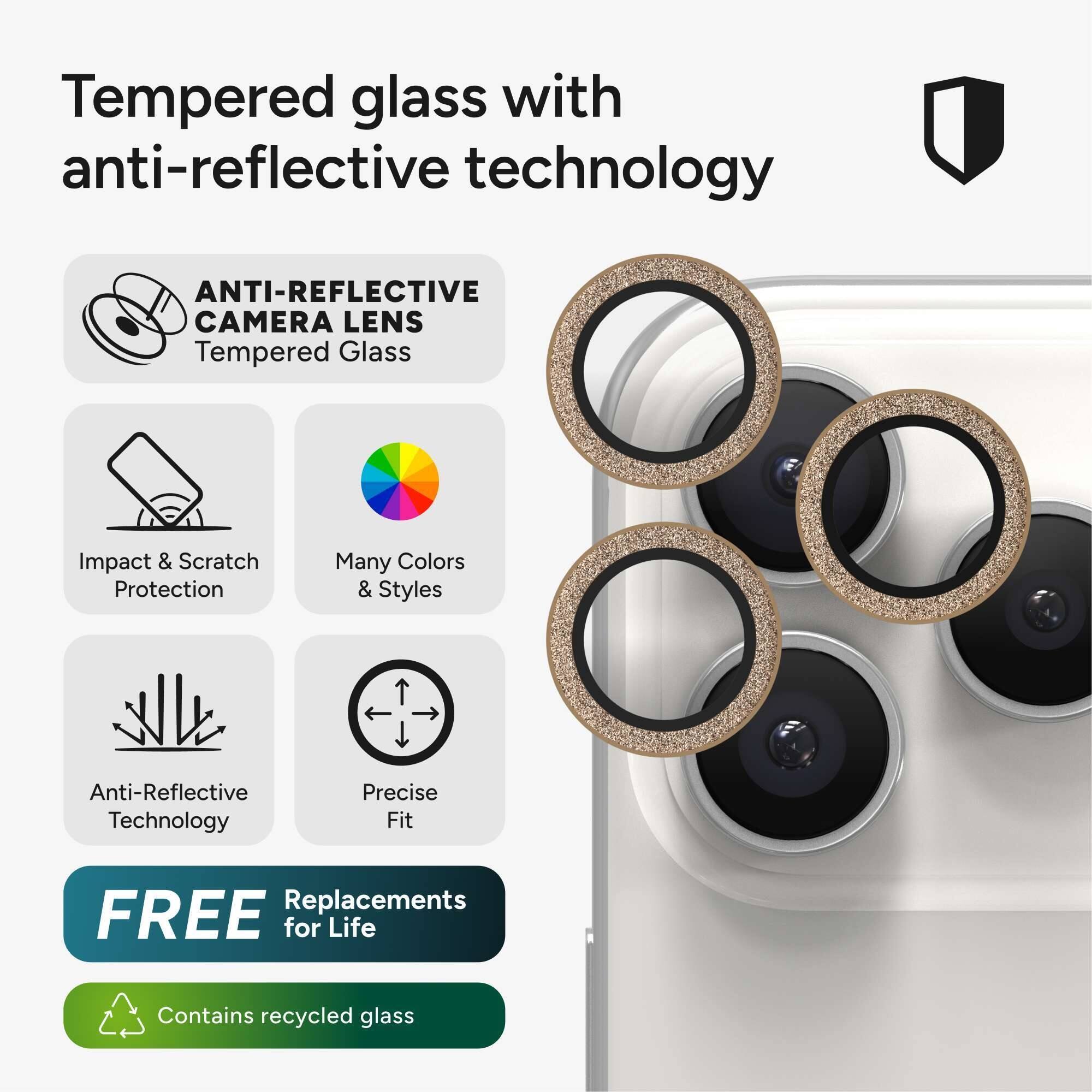 Tempered glass with anti-reflective technology

- ANTI-REFLECTIVE CAMERA LENS
  - Tempered Glass

- Impact & Scratch Protection

- Many Colors & Styles

- Anti-Reflective Technology

- Precise Fit

- FREE Replacements for Life

- Contains recycled glass