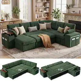 Dyonery - 7-Seat Modular Sectional Sleeper Sofa with Pull-Out Bed, Reclining Backrest, USB Ports, Table, LED Lights ,Green - Green