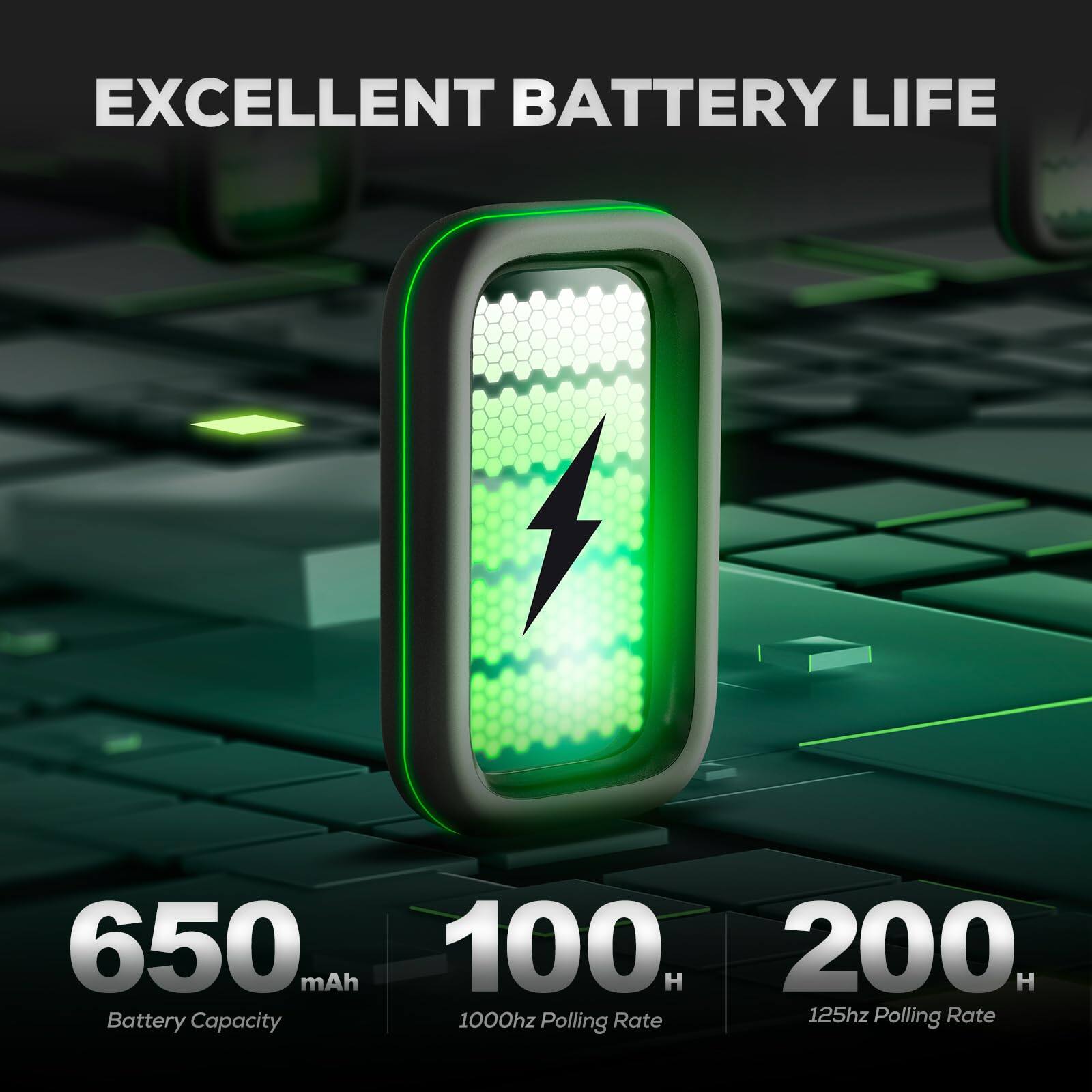 EXCELLENT BATTERY LIFE

650 mAh Battery Capacity

100 H 1000hz Polling Rate

200 H 125hz Polling Rate