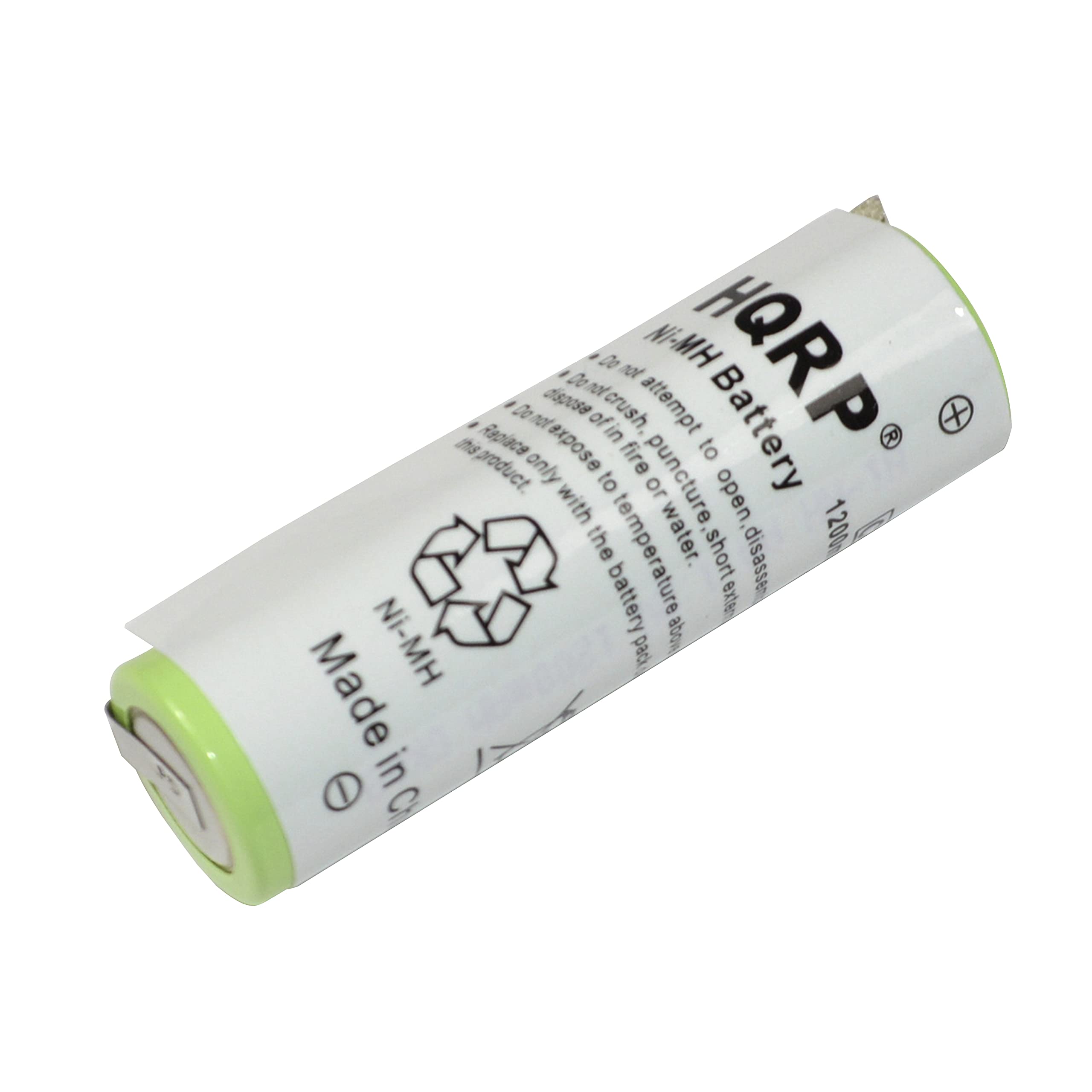 HQRP  
Ni-MH Battery  
1200mAh  

Do not attempt to crush, puncture or open this product.  
Do not expose to fire or short circuit.  
Do not dispose of in fire or water.  
Do not dispose of in temperature above 120°C.  
Made in China  

Ni-MH