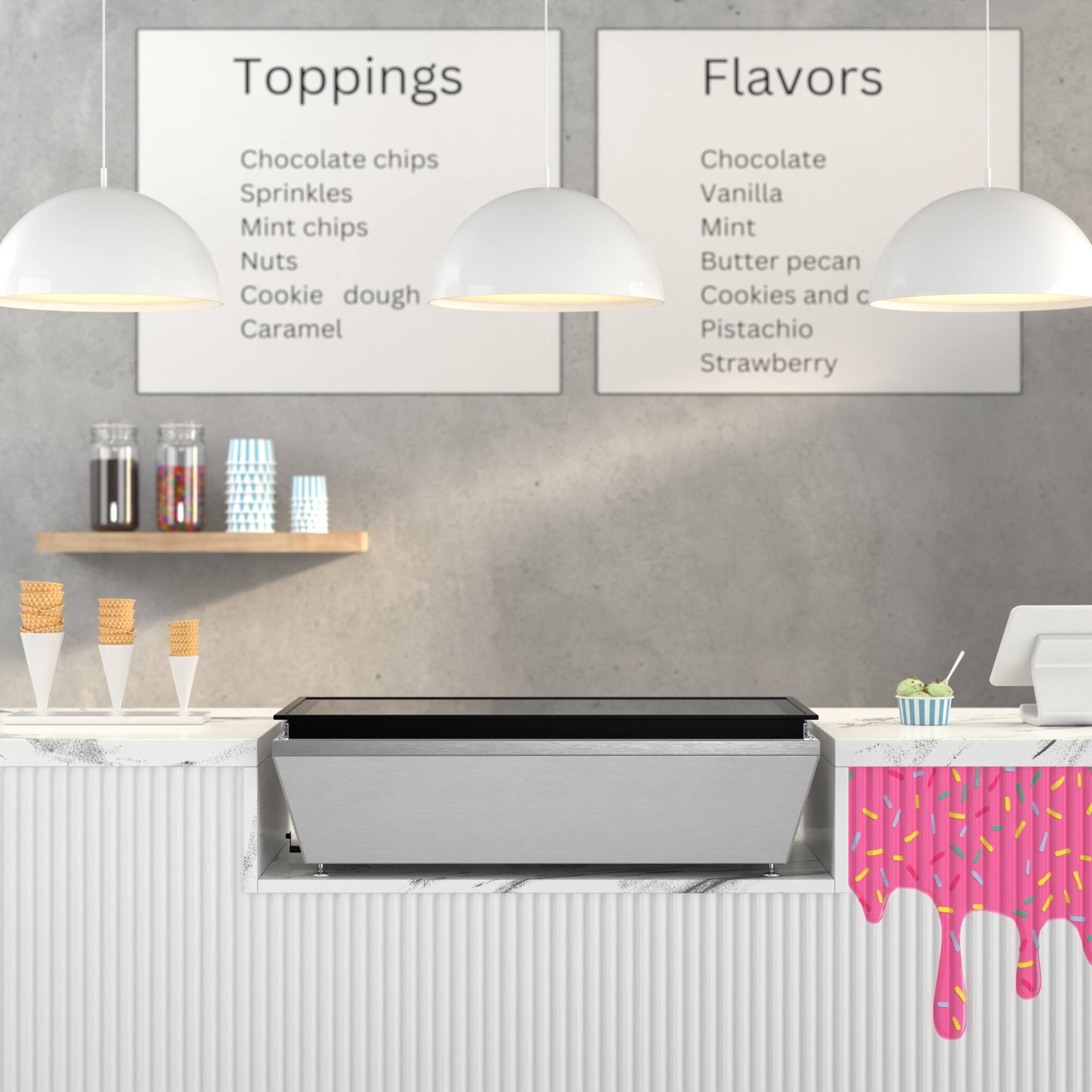 Toppings: Chocolate chips, Sprinkles, Mint chips, Nuts, Cookie dough, Caramel

Flavors: Chocolate, Vanilla, Mint, Butter pecan, Cookies and cream, Pistachio, Strawberry