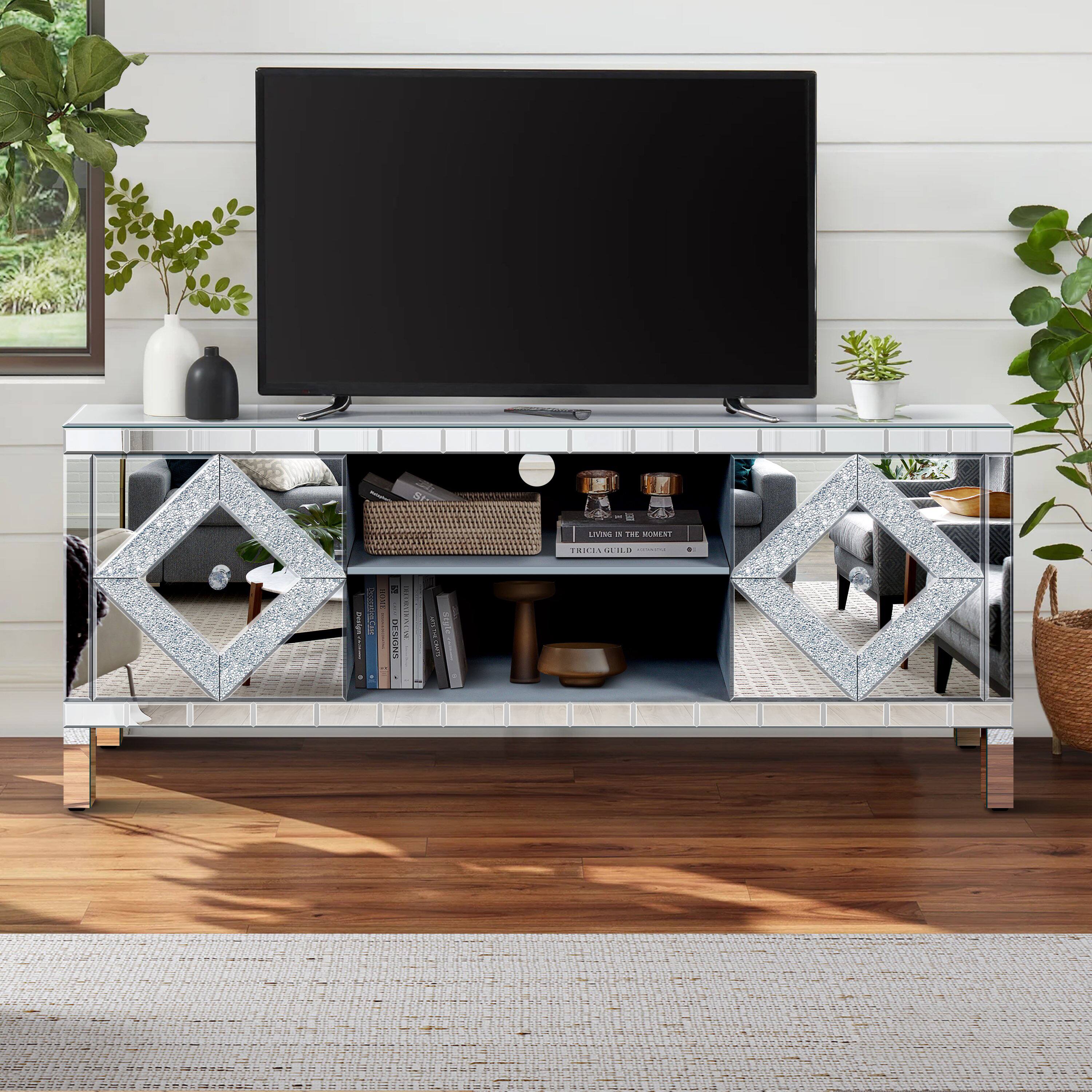 APRILSOUL - Mirrored TV Stand for 65+ inch TV Sliver TV Console Table with 2 Storage Cabinets Diamond Shape Sparkling Mirror Doors - Silver