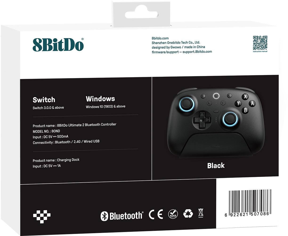 8BitDo  
8bitdo.com  
Shenzhen Onebitdo Tech Co., Ltd.  
designed by Gwowo / made in China  
firmware/support - support.8bitdo.com  

Switch  
Switch 3.0.0 & above  

Windows  
Windows 10 (1903) & above  

Product name: 8BitDo Ultimate 2 Bluetooth Controller  
MODEL NO.: 8OND  
Input: DC 5V = 500mA  
Connectivity: Bluetooth / 2.4G / Wired USB  

Product name: Charging Dock  
Input: DC 5V = 1A  

Black  

Bluetooth®  

CE  
RoHS  
6 922621 507086