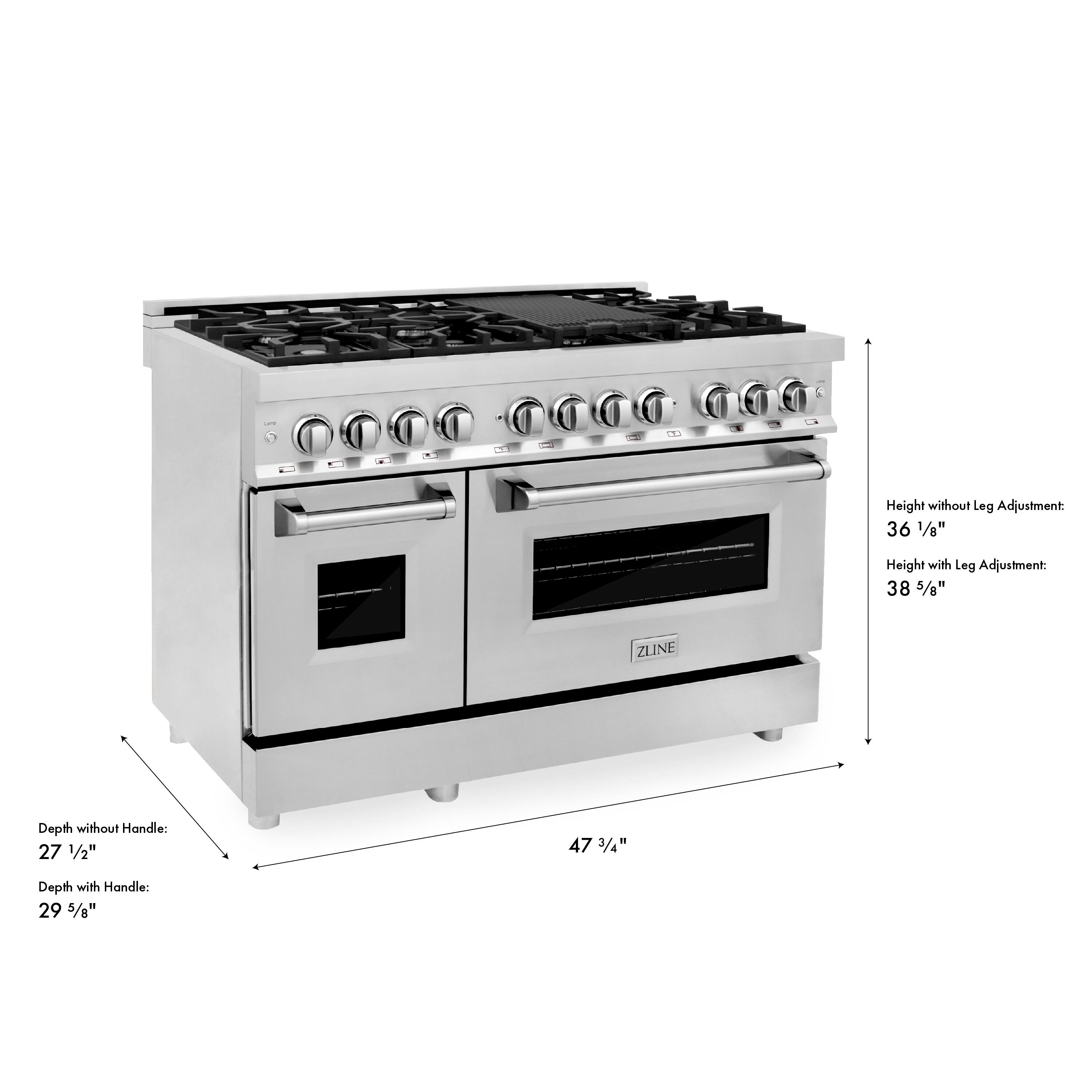 - Height without Leg Adjustment: 36 1/8"
- Height with Leg Adjustment: 38 5/8"
- Depth without Handle: 27 1/2"
- Depth with Handle: 29 5/8"
- Width: 47 3/4"