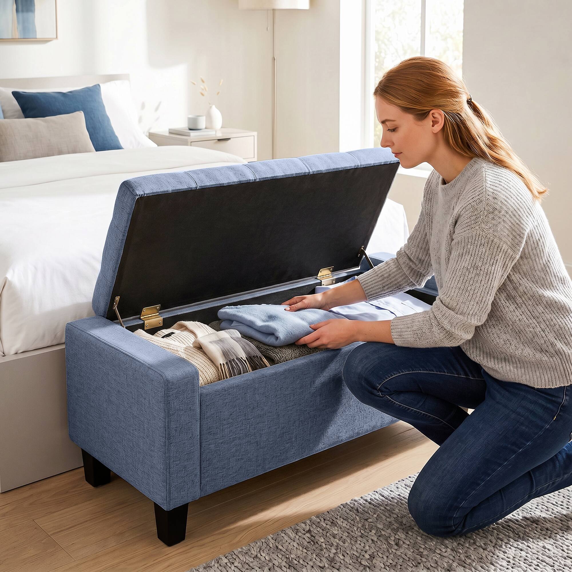 Alt View 8. Homcom - Ottoman, Storage Bench with Wooden Legs, Tufted Armrests for Entryway, Living Room, Bedroom, 36.6" - Dark Gray.