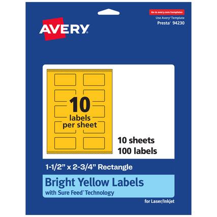 Go to avery.com/templates
Use Avery Template Presta® 94230
10 labels per sheet
10 sheets
100 labels
1-1/2" x 2-3/4" Rectangle
Bright Yellow Labels with Sure Feed Technology for Laser/Inkjet