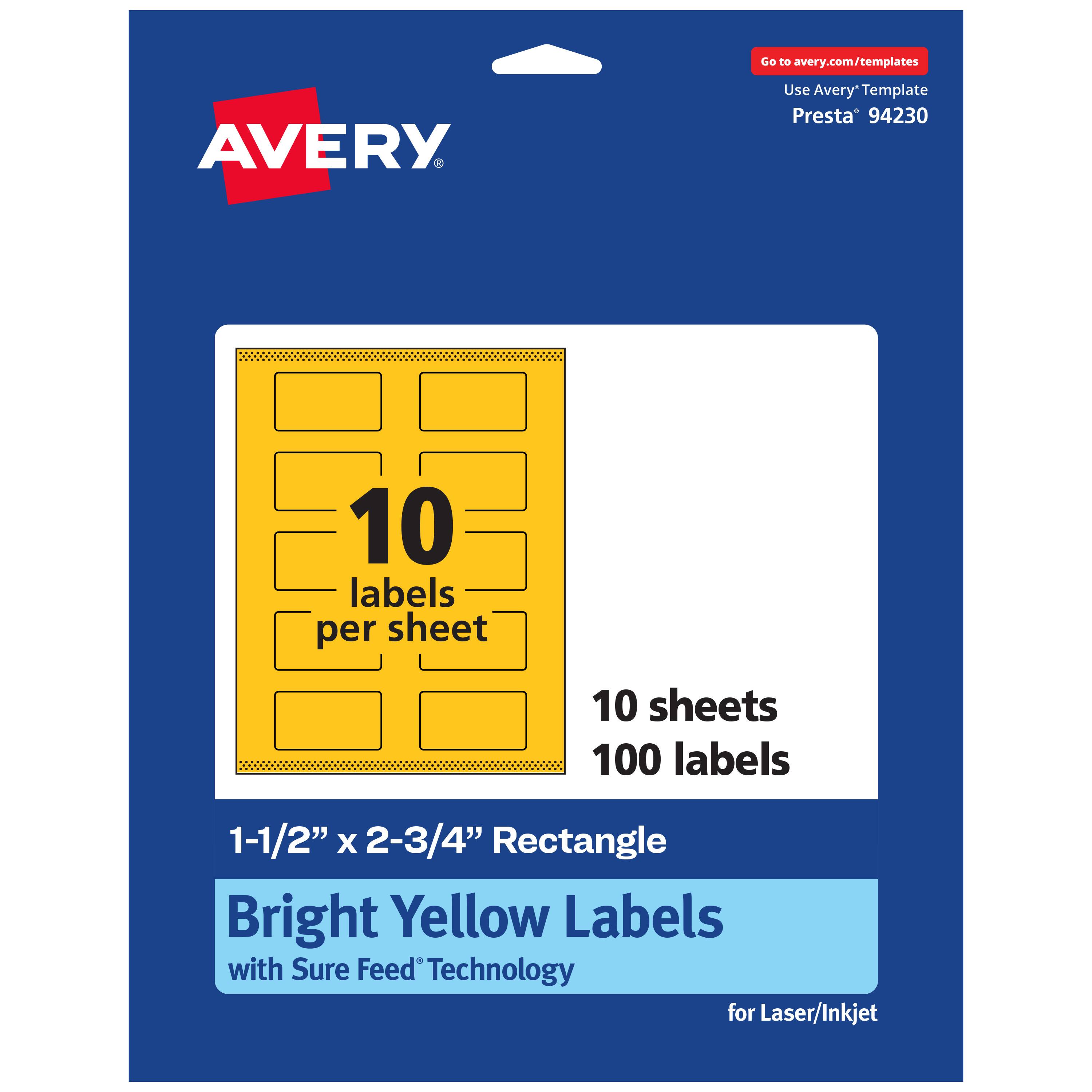Go to avery.com/templates  
Use Avery Template Presta® 94230  
10 labels per sheet  
10 sheets  
100 labels  
1-1/2" x 2-3/4" Rectangle  
Bright Yellow Labels with Sure Feed Technology for Laser/Inkjet