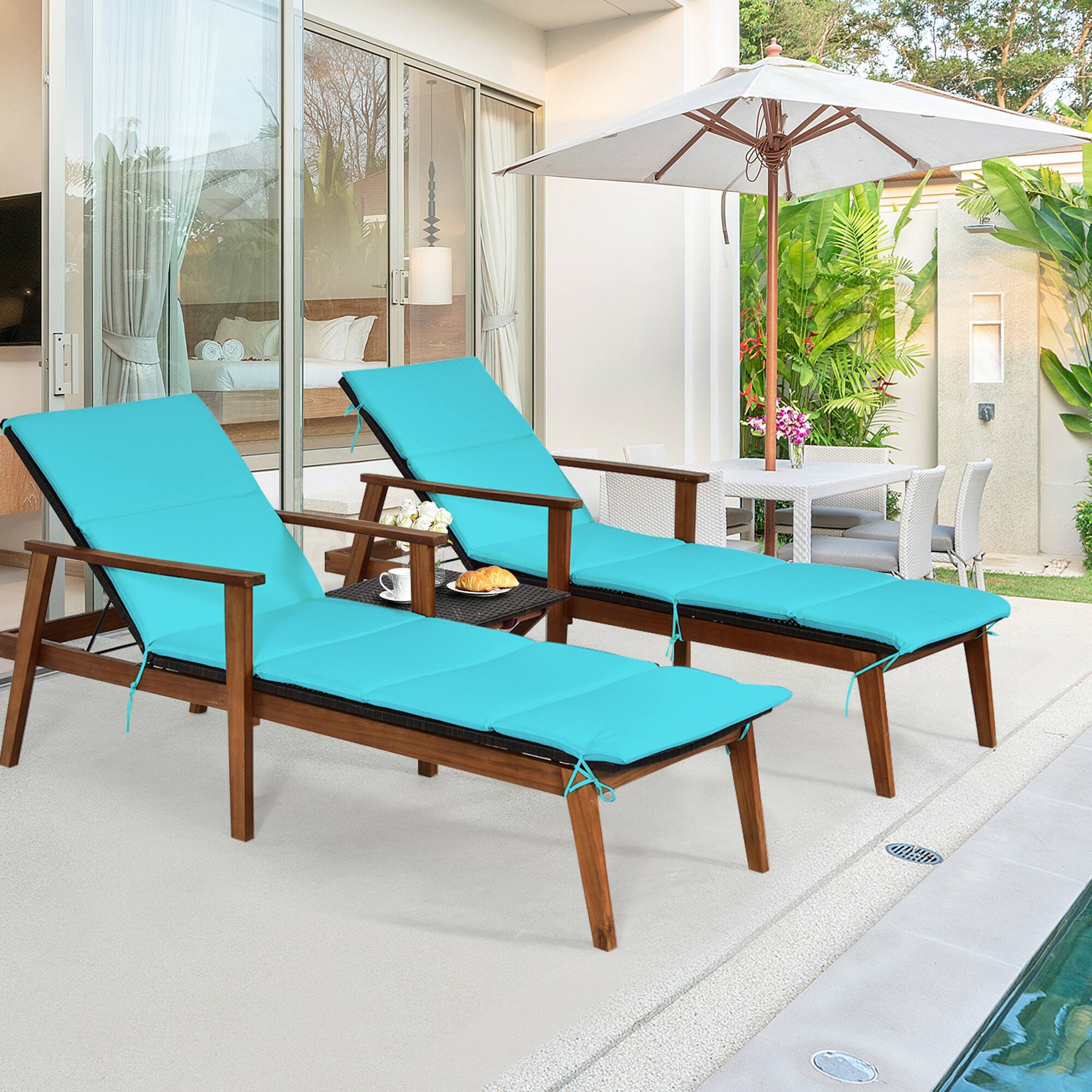 Alt View 3. Gymax - Gymax 3PCS Outdoor Patio Lounge Chair Set w/ Folding Table Turquoise Cushion - Turquoise.