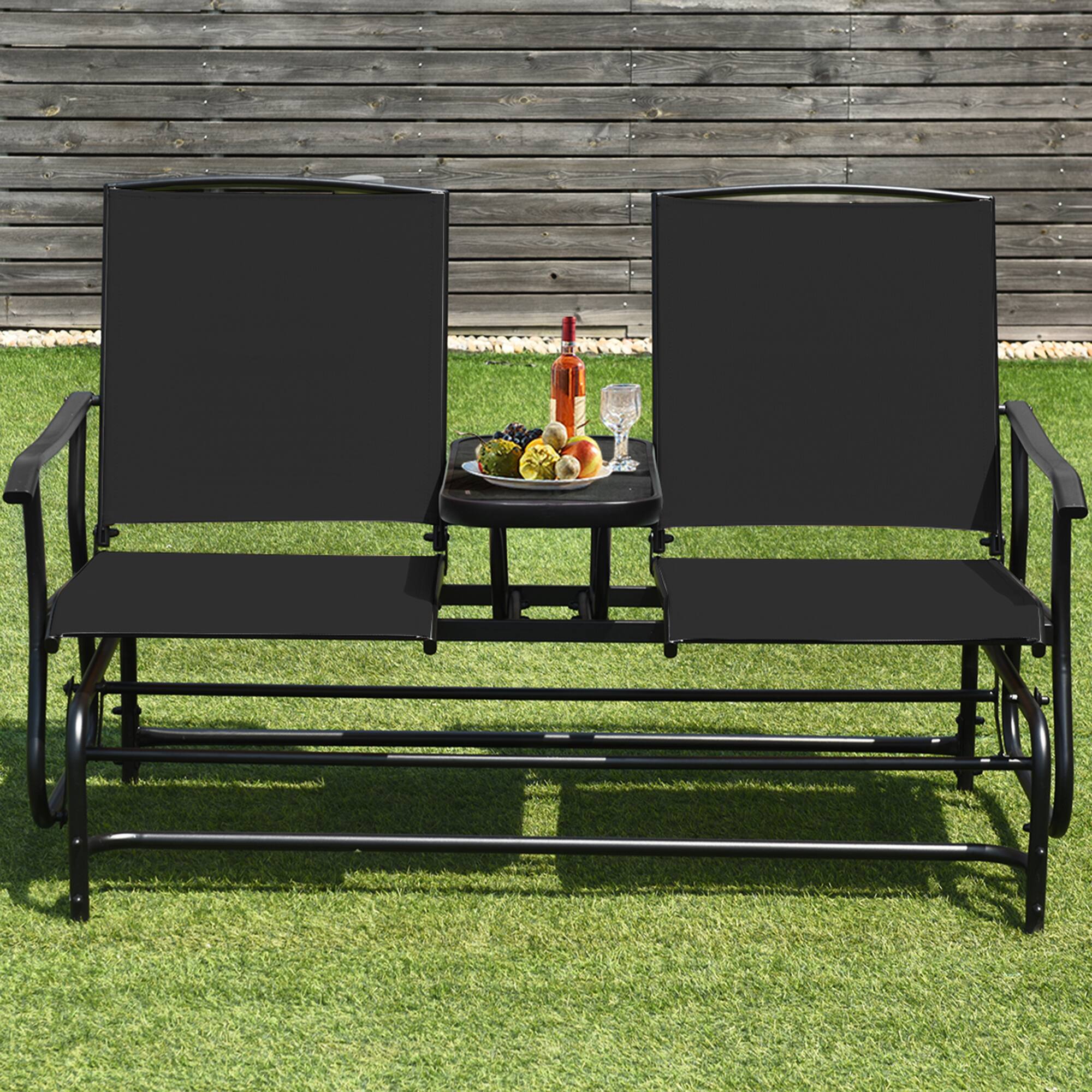 Alt View 2. Gymax - Gymax Patio 2-Person Glider Rocking Chair Loveseat Garden w/ Tempered Glass Table Black - Black.