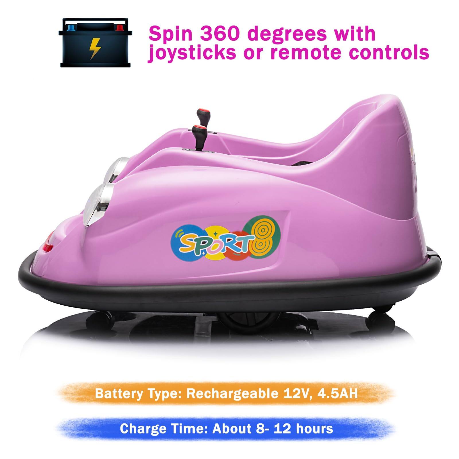 Spin 360 degrees with joysticks or remote controls

Battery Type: Rechargeable 12V, 4.5AH

Charge Time: About 8-12 hours