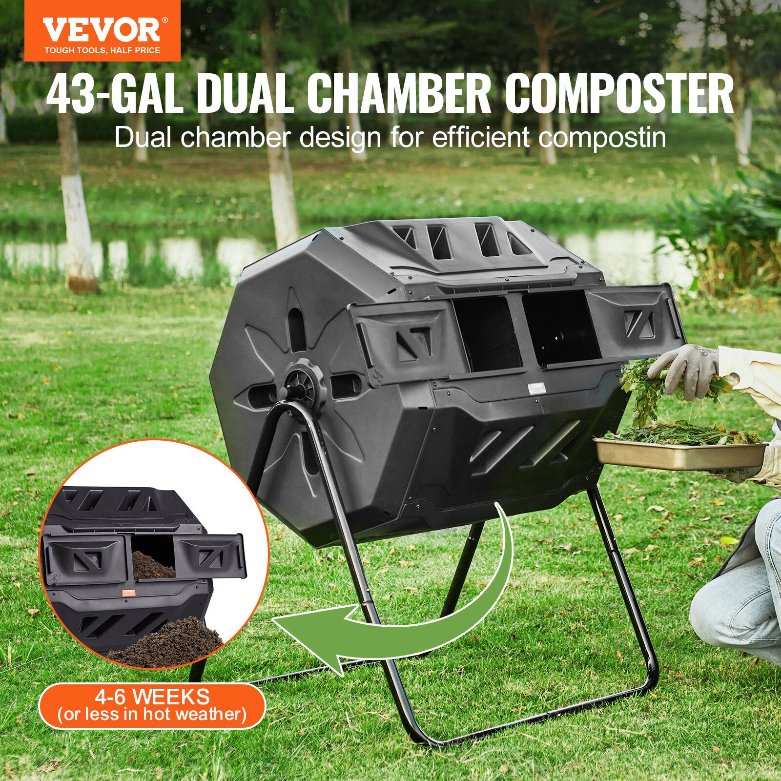 VEVOR TOUGH TOOLS, HALF PRICE 43-GAL DUAL CHAMBER COMPOSTER Dual chamber design for efficient compostin 4-6 WEEKS (or less in hot weather)