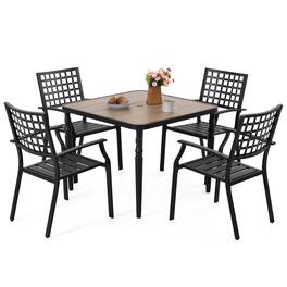 Nuu Garden - 5-Piece Metal Outdoor Dining Set with Wood-Grain Tabletop and Umbrella Hole - Black