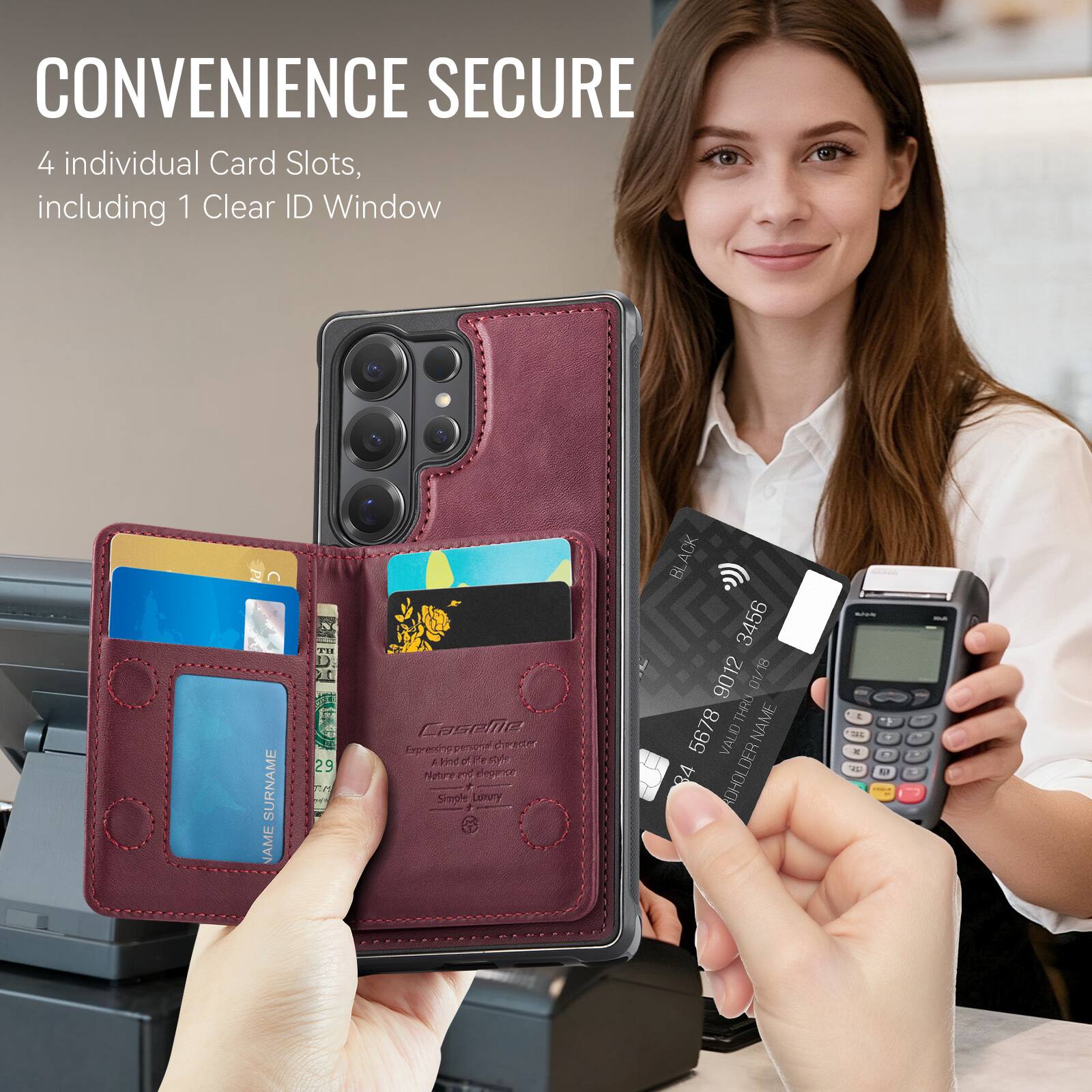 CONVENIENCE SECURE  
4 individual Card Slots, including 1 Clear ID Window  

SURNAME NAME  
TH D  
29 24  
I Caseilla  
EnadagengrCirada  
Cete A Papr P Nere E Popede Simphe Lumury  
ACK BL 3456 9012 8L/0 a  
TE NAME 5678 D  
VALID 84  
ADHOLDER