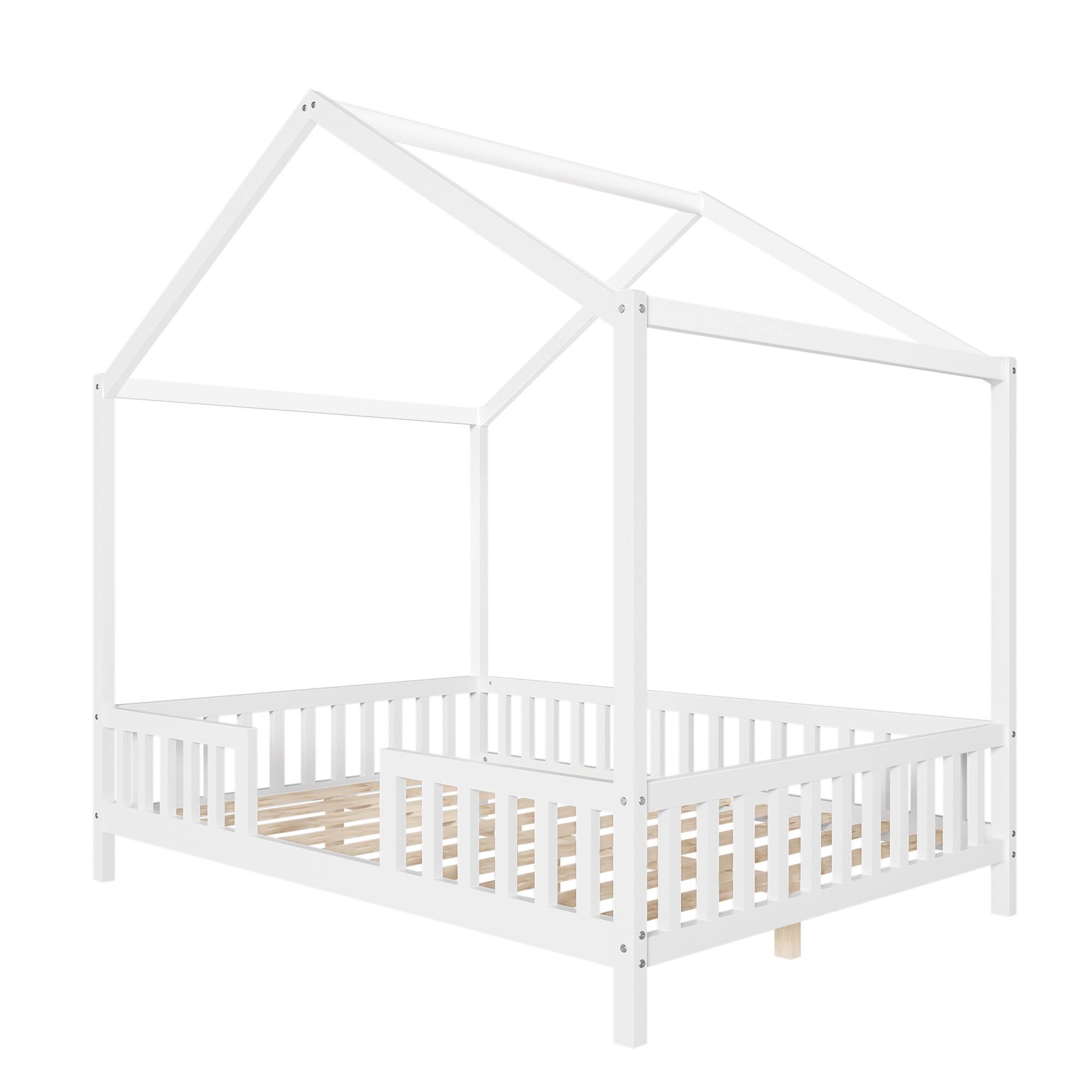 Alt View 6. GOODSILO - Creative Canopy House-Shaped Children's Floor Bed with Safety Railings for Cozy Sleep Space - White.