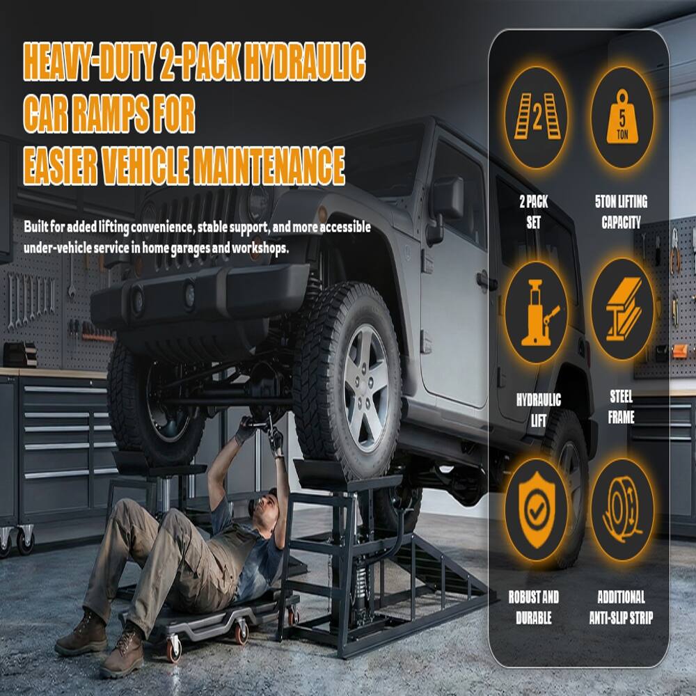 HEAVY-DUTY 2-PACK HYDRAULIC CAR RAMPS FOR EASIER VEHICLE MAINTENANCE

Built for added lifting convenience, stable support, and more accessible under-vehicle service in home garages and workshops.

2 PACK SET
5 TON LIFTING CAPACITY
HYDRAULIC LIFT
STEEL FRAME
ROBUST AND DURABLE
ADDITIONAL ANTI-SLIP STRIP