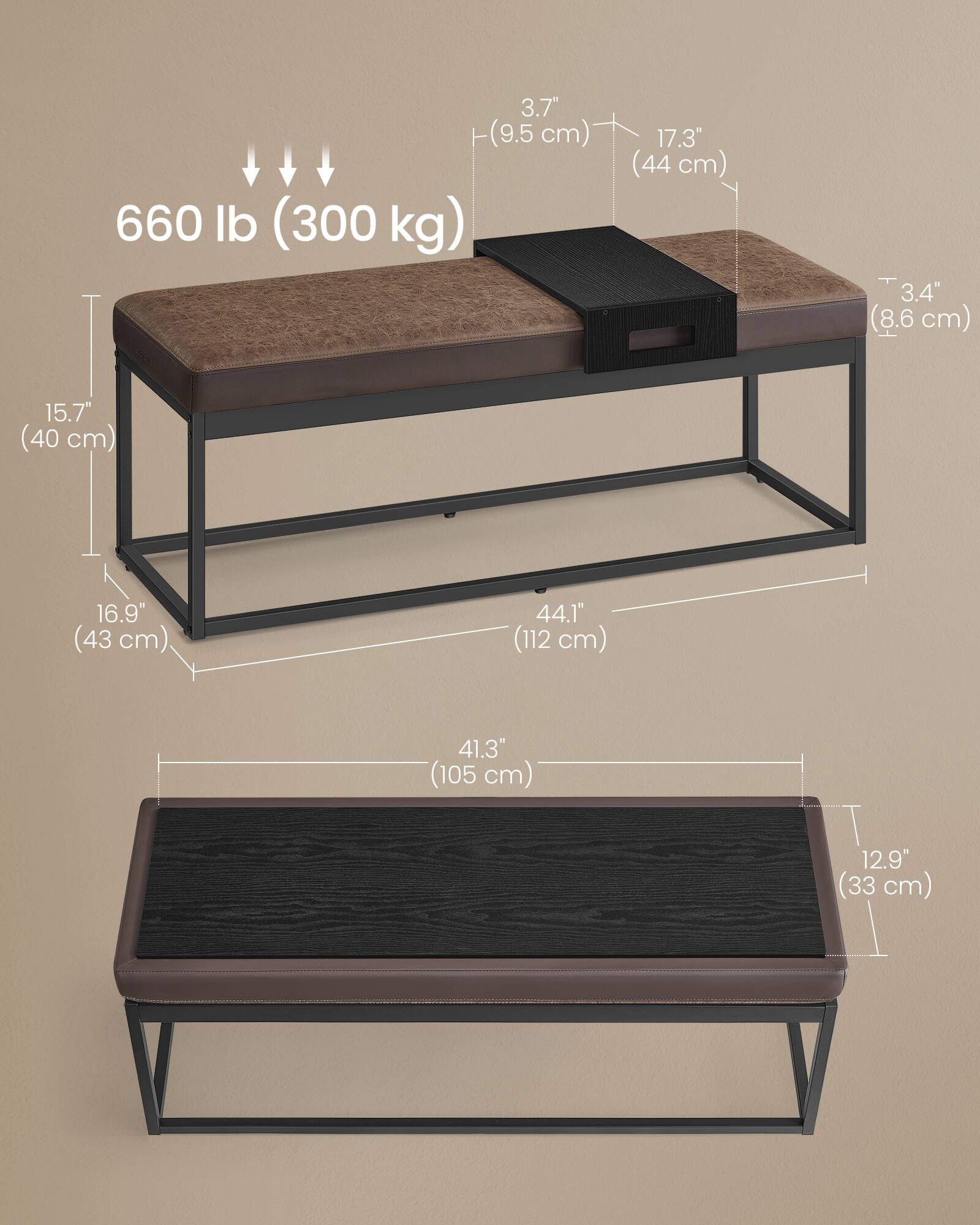 - 3.7" (9.5 cm)
- 17.3" (44 cm)
- 3.4" (8.6 cm)
- 15.7" (40 cm)
- 16.9" (43 cm)
- 44.1" (112 cm)
- 41.3" (105 cm)
- 12.9" (33 cm)
- 660 lb (300 kg)