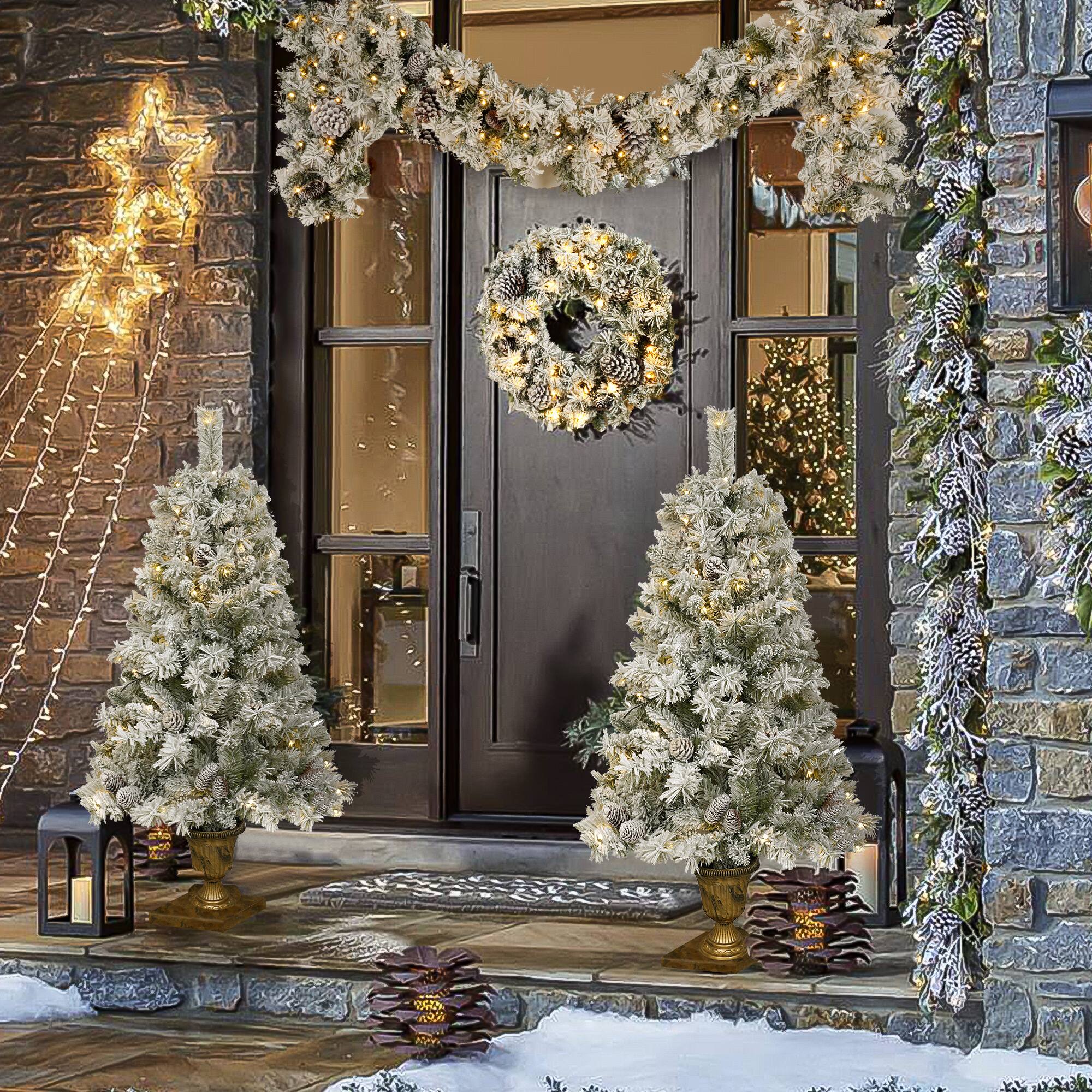 Front. Jandcase - Pre-lit Xmas Tree Artificial Christmas 4-Piece Set,Garland, Wreath and Set of 2 Entrance Trees X-mas with LED Lights - Green.