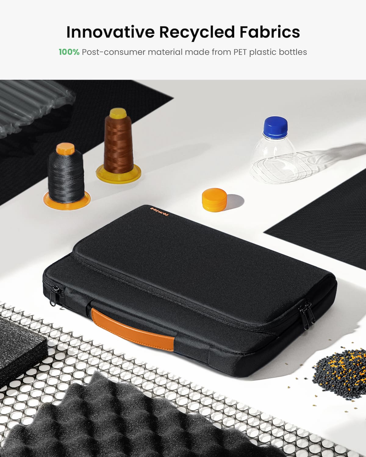 Innovative Recycled Fabrics: 100% Post-consumer material made from PET plastic bottles.