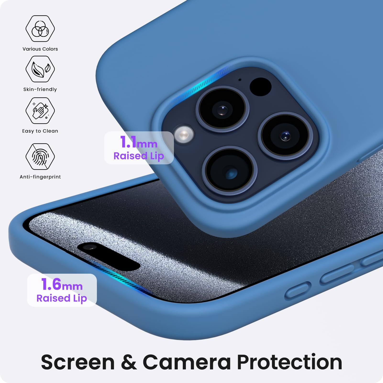 Various Colors, Skin-friendly, Easy to Clean, 1.1mm Raised Lip, Anti-fingerprint, 1.6mm Raised Lip, Screen & Camera Protection