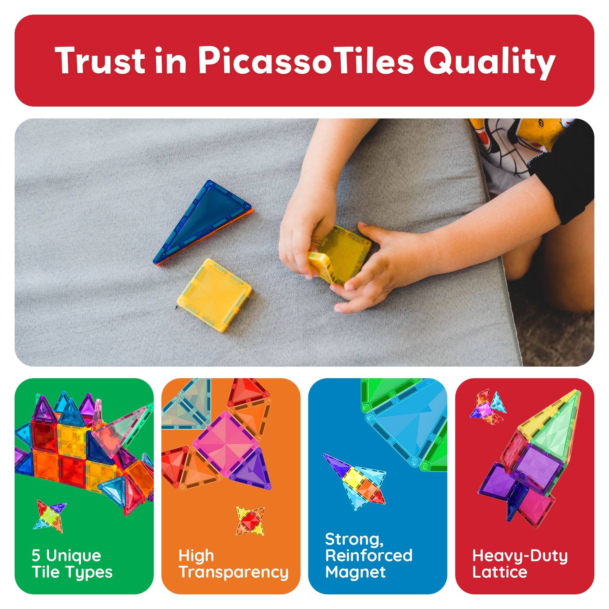 Trust in Picasso Tiles Quality
5 Unique Tile Types
High Transparency
Strong, Reinforced Magnet
Heavy-Duty Lattice