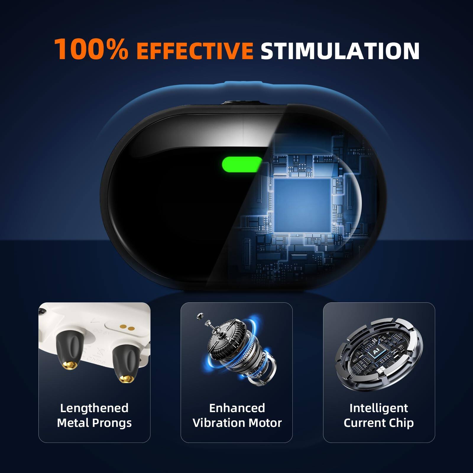 100% EFFECTIVE STIMULATION

- Lengthened Metal Prongs
- Enhanced Vibration Motor
- Intelligent Current Chip