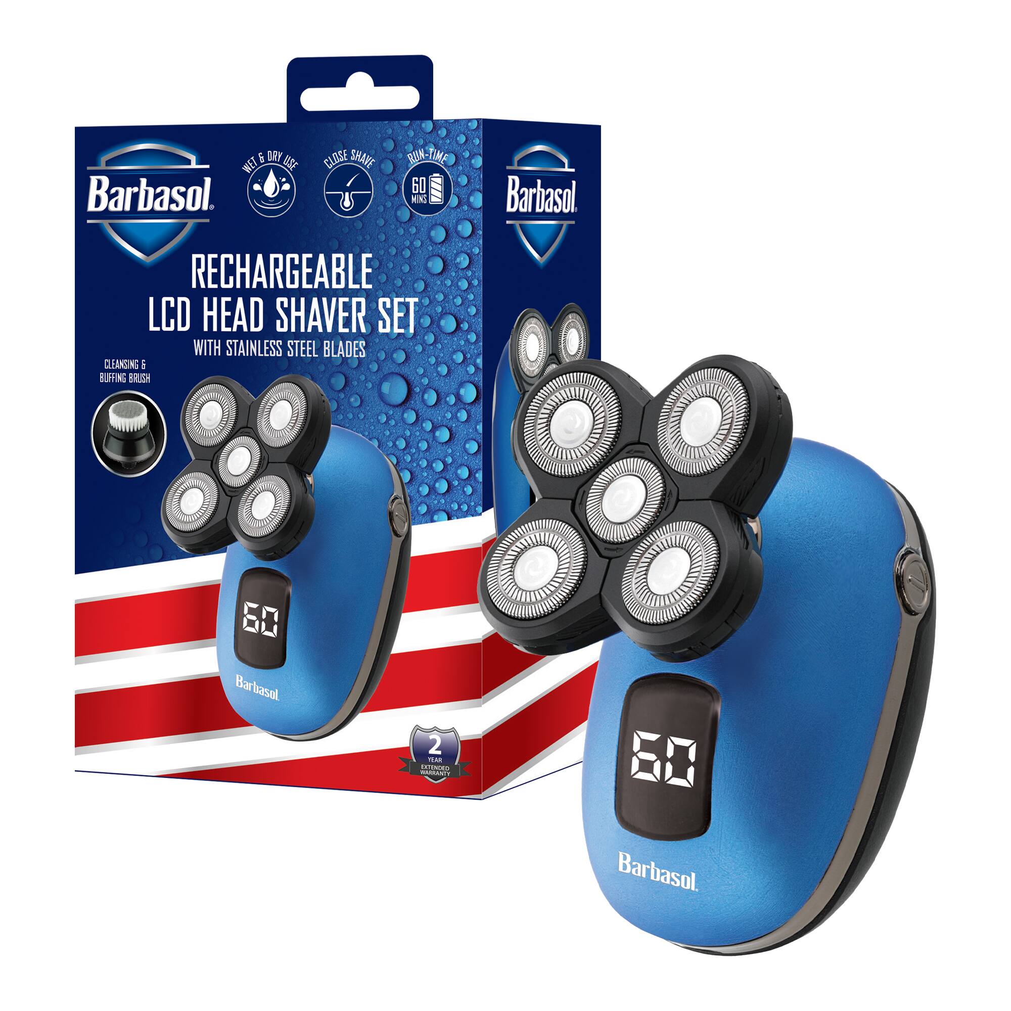 Barbasol Rechargeable LCD Head Shaver Set with Stainless Steel Blades