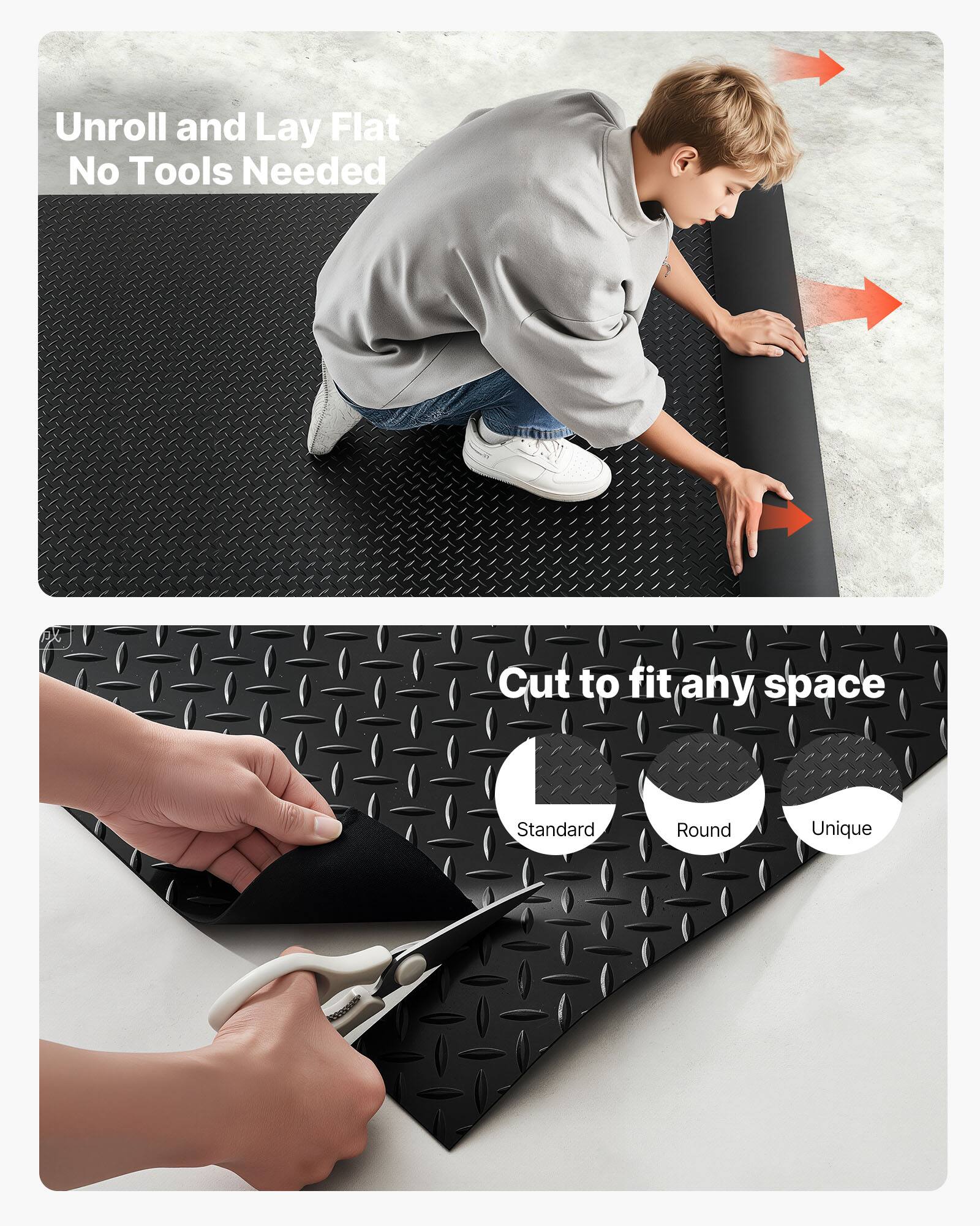 Unroll and Lay Flat  
No Tools Needed  

Cut to fit any space  
Standard  
Round  
Unique