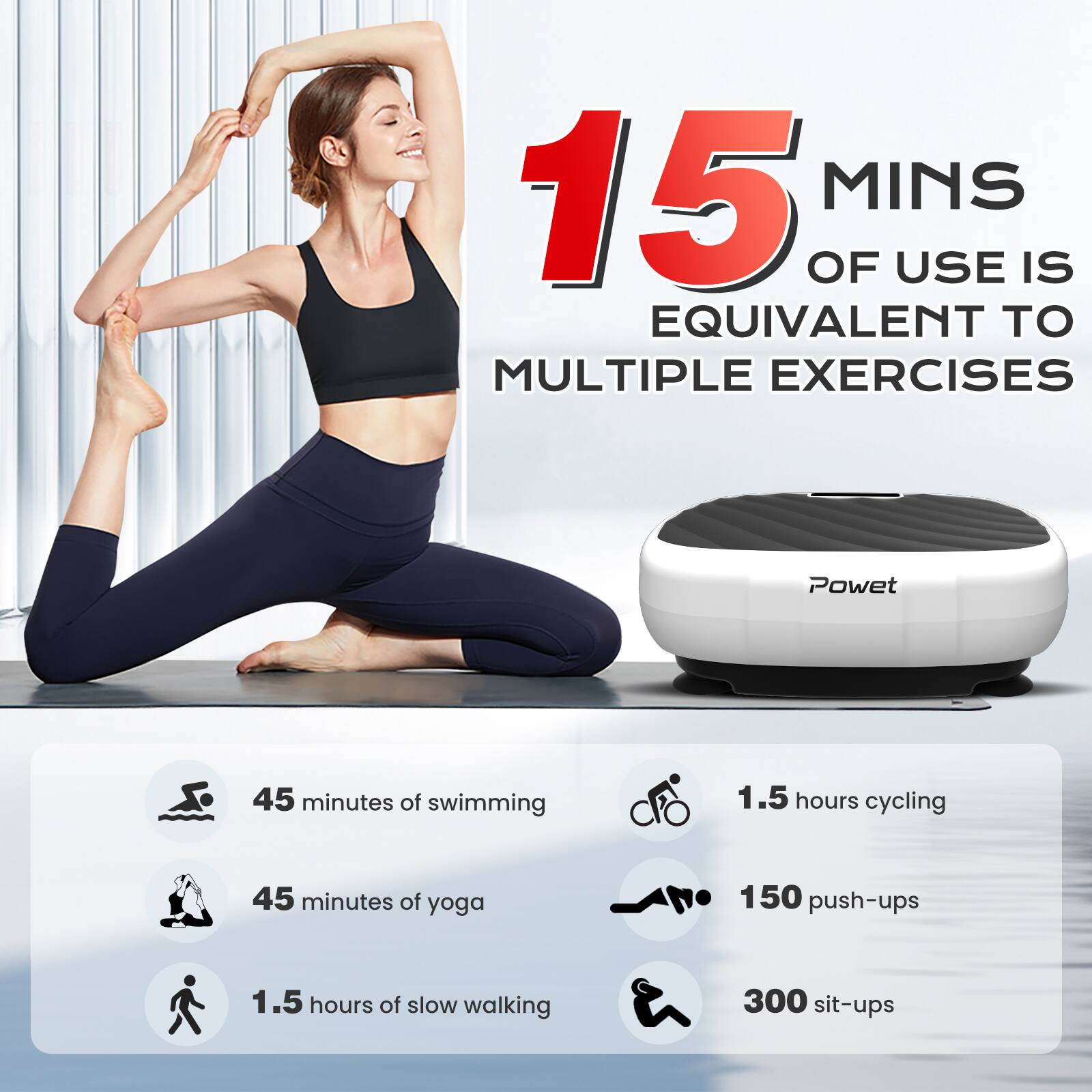 15 MINS OF USE IS EQUIVALENT TO MULTIPLE EXERCISES

- 45 minutes of swimming
- 45 minutes of yoga
- 1.5 hours of slow walking
- 1.5 hours cycling
- 150 push-ups
- 300 sit-ups