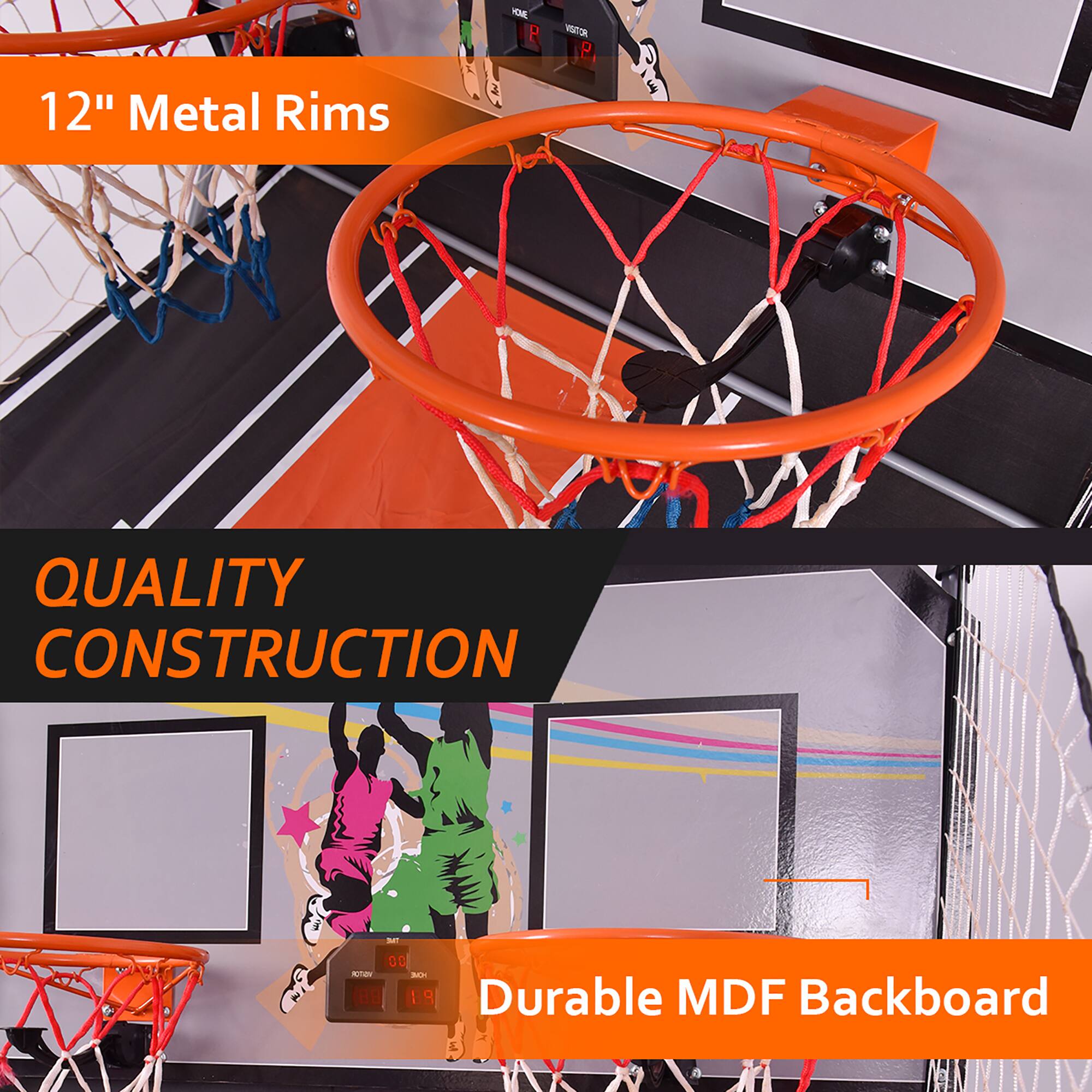 The image shows a basketball hoop with a backboard made of durable MDF material. The backboard is orange and has a metal rim. The hoop is designed for quality construction and is suitable for both indoor and outdoor use. The backboard is 12 inches in diameter and is made of metal, ensuring durability and stability. The hoop is ideal for basketball enthusiasts who want to practice their skills in a safe and sturdy environment.