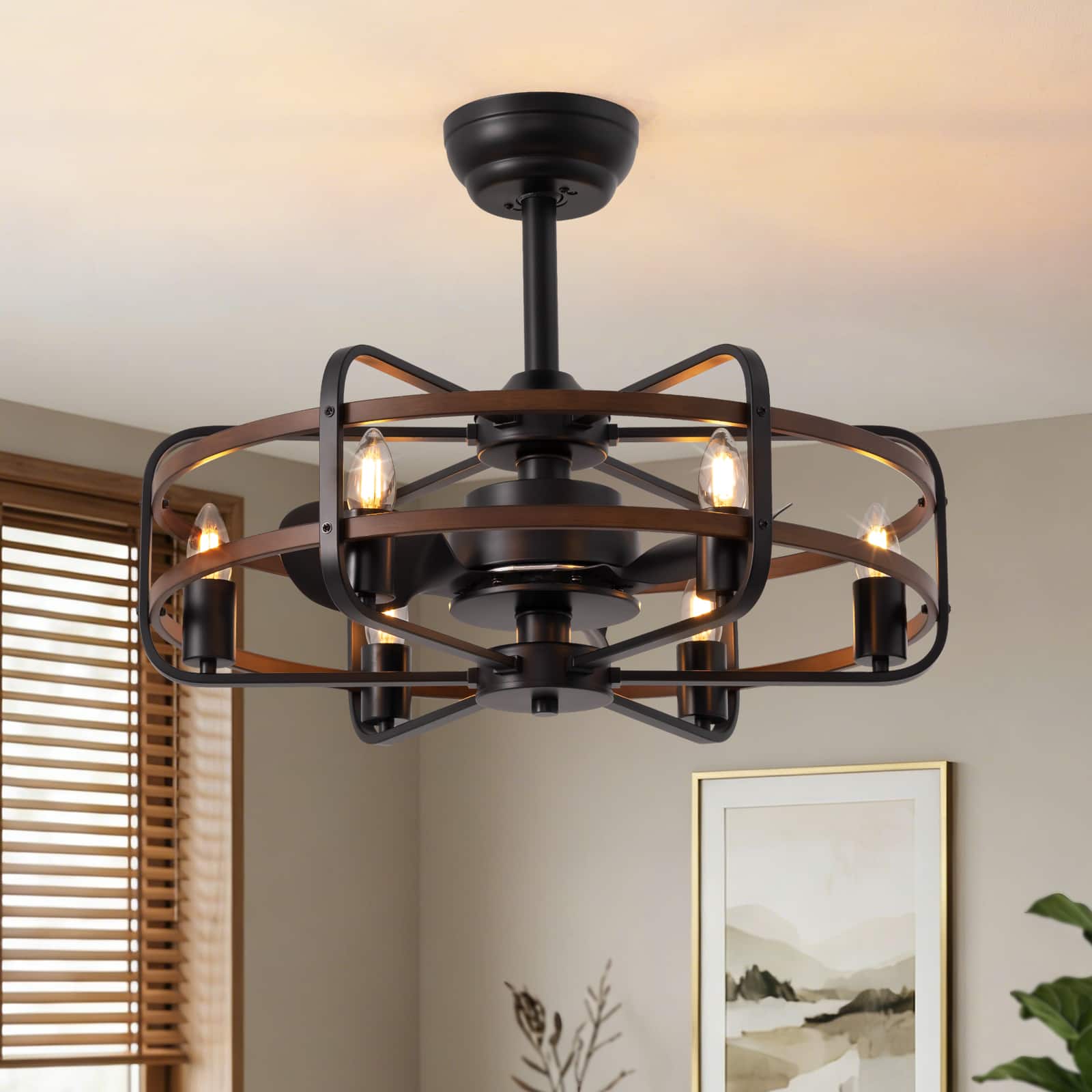 Siljoy - 24 Inch Farmhouse Ceiling Fan Light 6-Candle Walnut Wood Industrial Chandelier Fan for Bedroom Dining Room Foyer - Brown