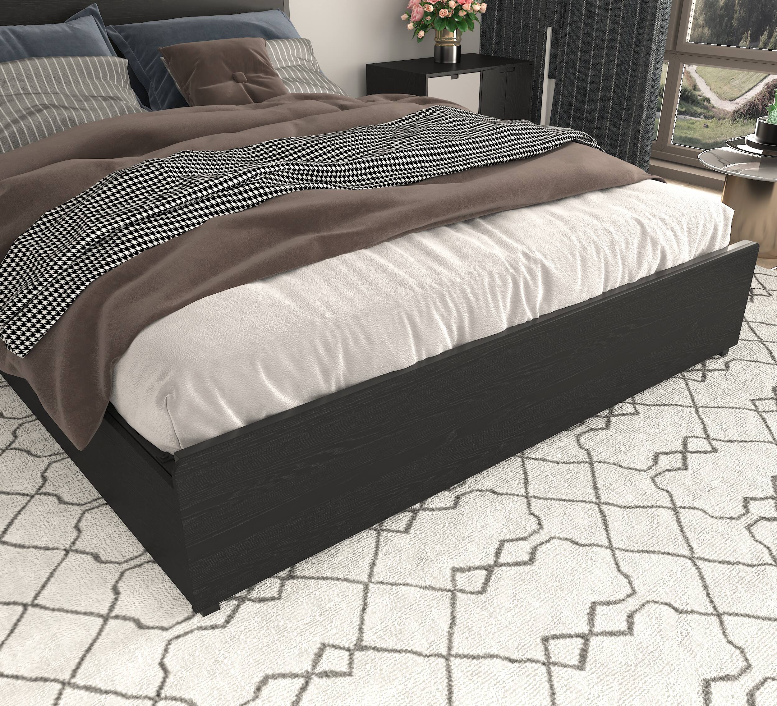 Alt View 2. LUCKY ONE - Full Size Bed Frame with 4 Storage Drawers, Storage Headboard with Charging Station - Black.