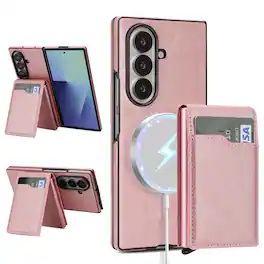 Dteck - Magnetic Wallet Case for Samsung Galaxy Z Fold7,Mag Safe Shockproof Phone Cover with Detachable Pop-Up Card Holder - Pink