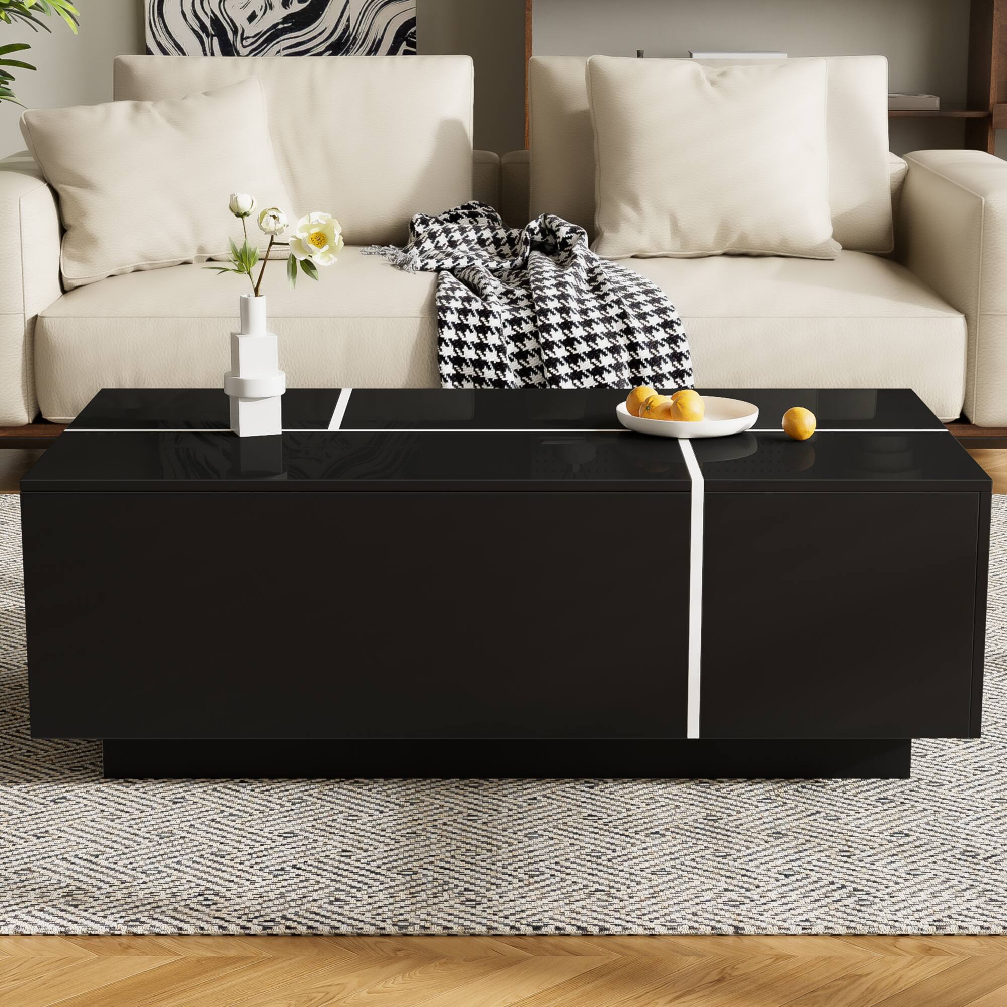 Front. Lirago - 47" U-Can Extendable Coffee Table  Smooth Finish 2 Hidden Storage Spaces 2 Drawers Multi Functional for Living Room - Black.
